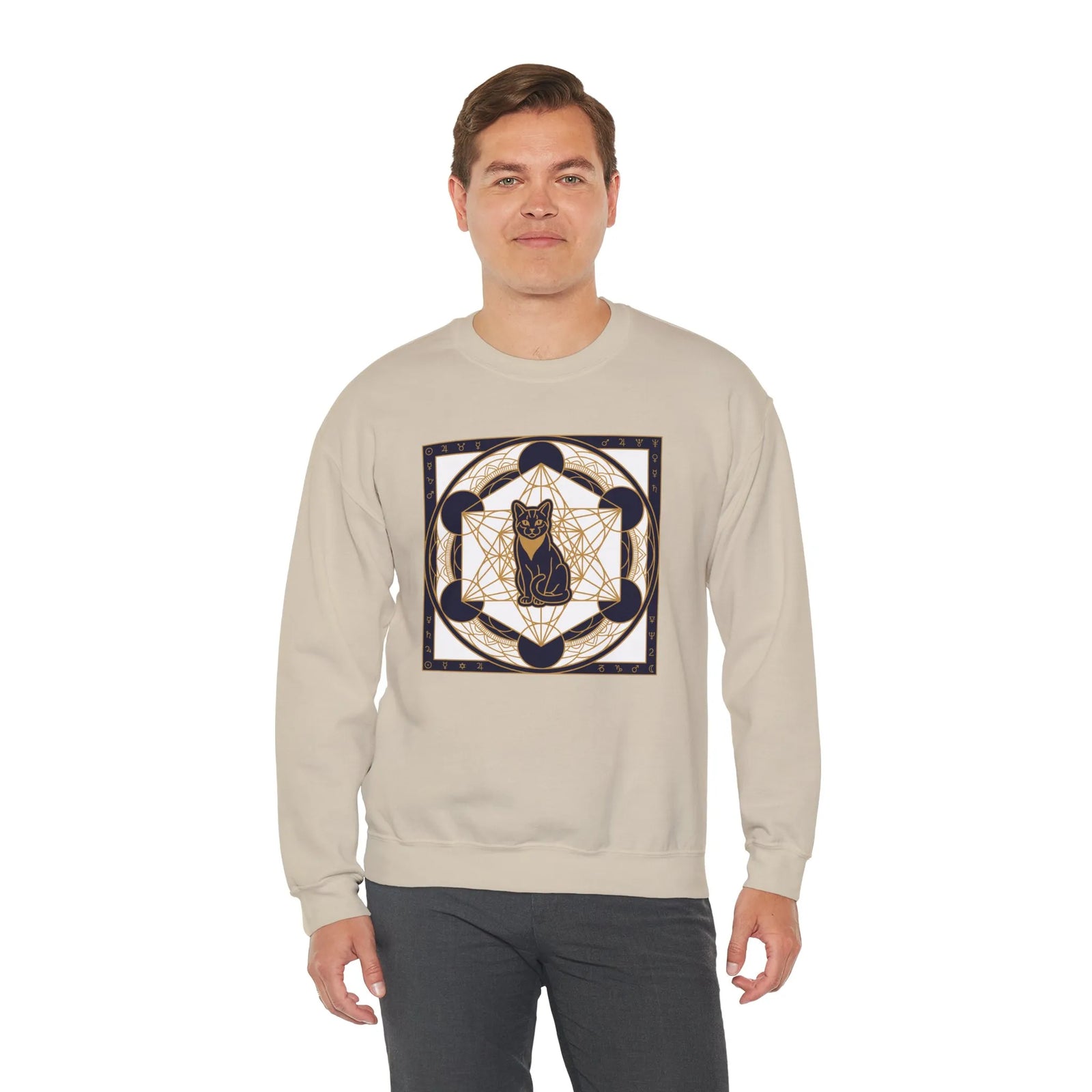 Metatron's Cat Sacred Geometry Sweatshirt - Heavy Blend Fleece Crewneck - Unisex White