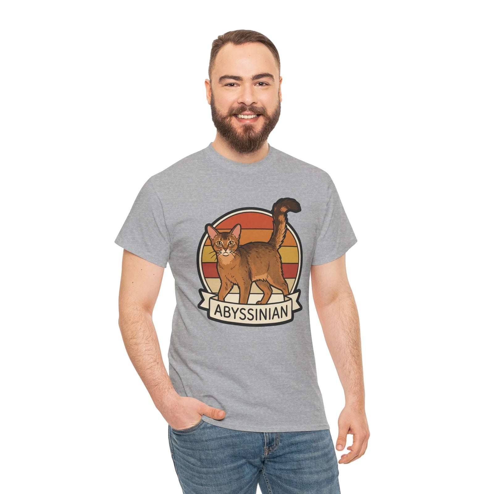 Abyssinian Retro 70s Sunset Cat T-Shirt - Heavy Cotton Classic Fit Tee - Unisex White