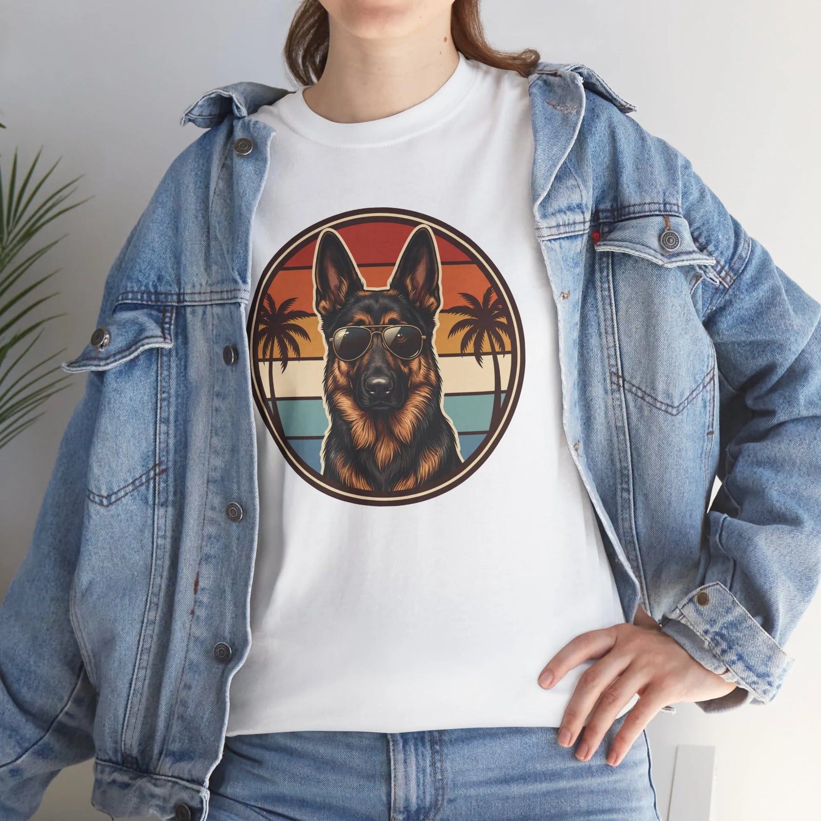 German Shepherd 70s Sunset Aviators T-Shirt - Heavy Cotton Classic Fit Tee - Unisex White