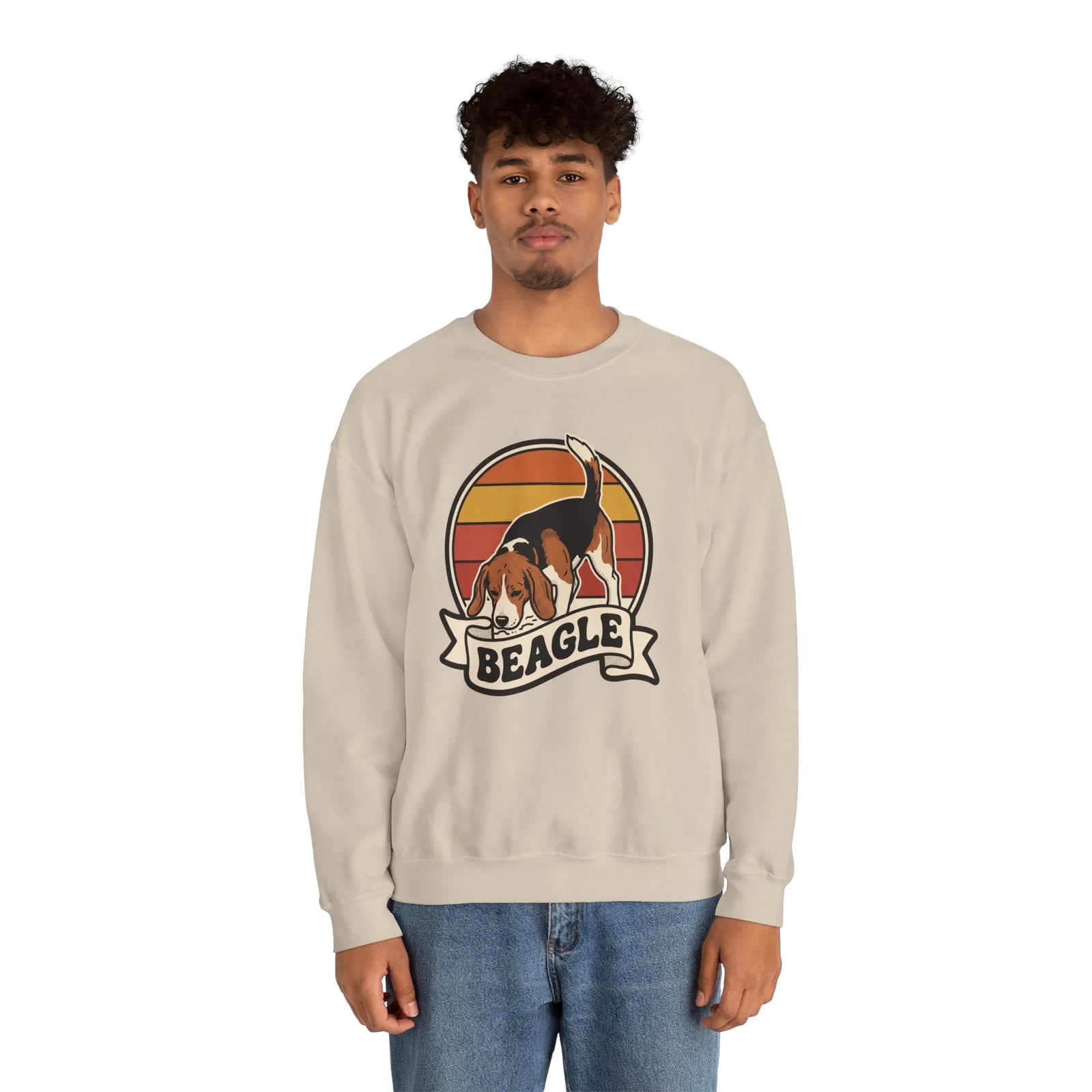 Beagle Retro 70s Sunset Graphic Sweatshirt - Heavy Blend Cotton Polyester Crewneck - Unisex White