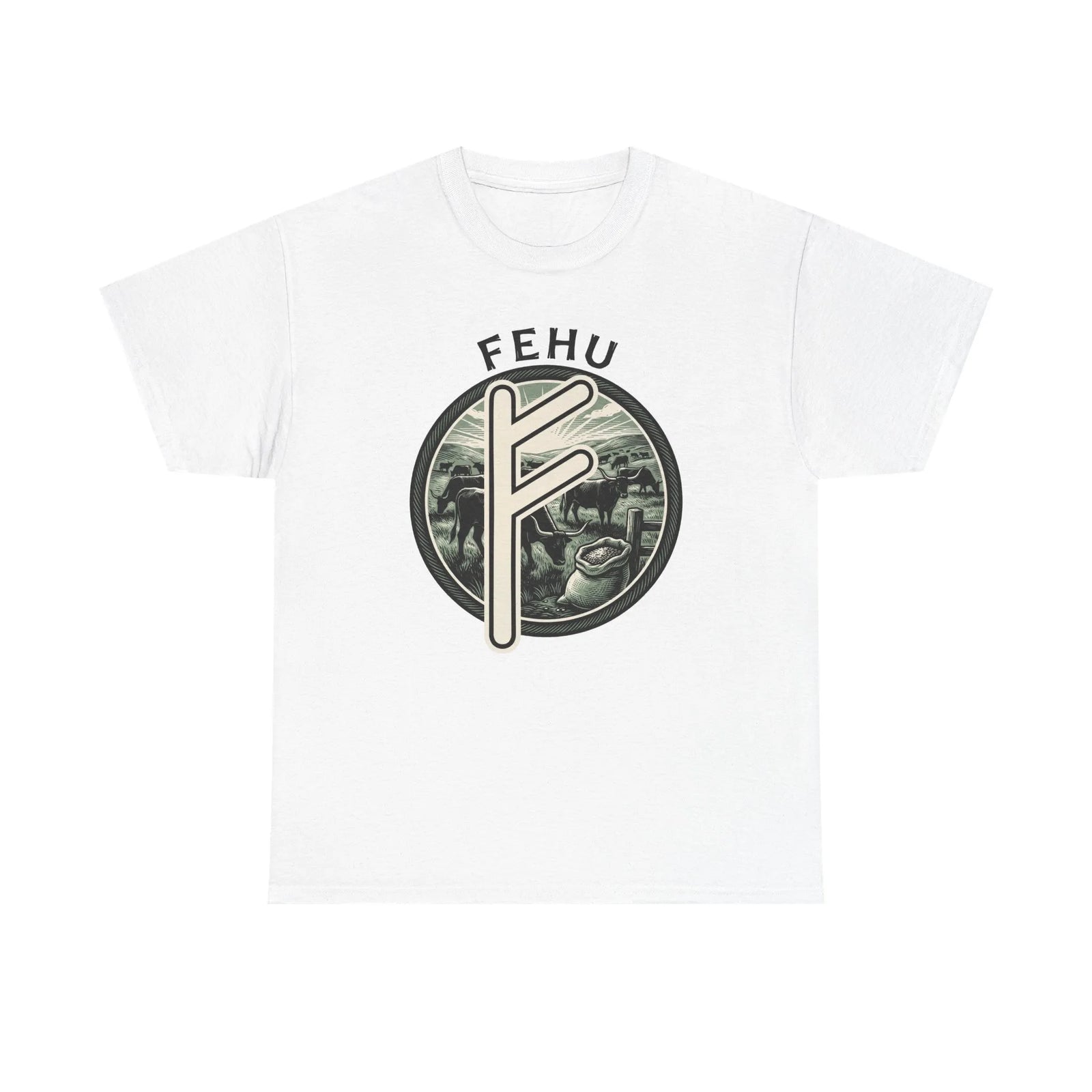 Fehu Rune Wealth Symbol T-Shirt - Heavy Cotton Classic Fit Tee - Unisex White