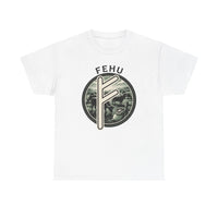 Fehu Rune Wealth Symbol T-Shirt - Heavy Cotton Classic Fit Tee - Unisex White