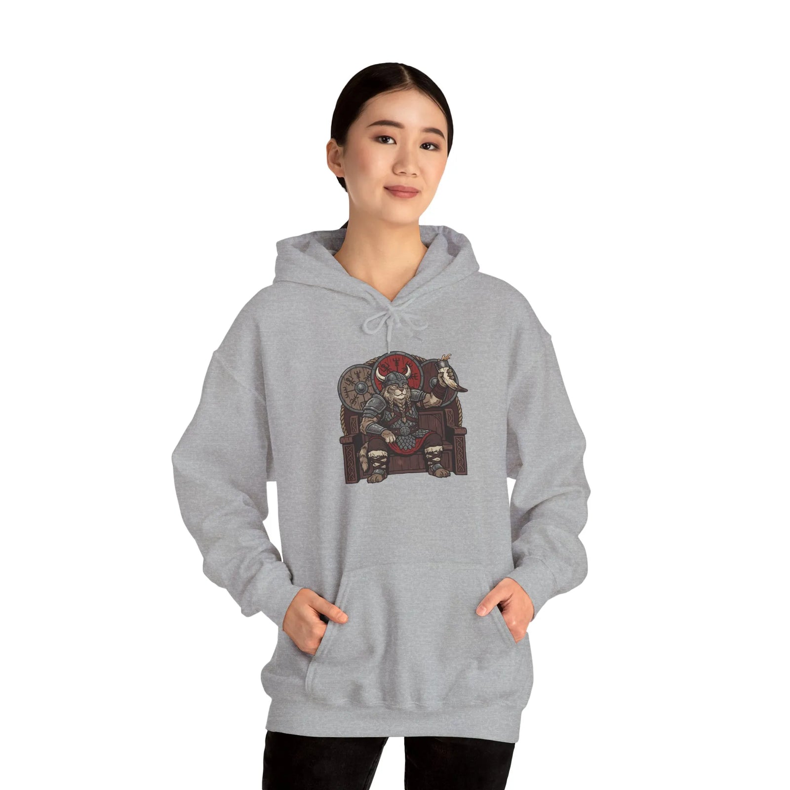 Viking Berserker Cat Graphic Hoodie - Cozy Heavy Blend Fleece Pullover - Unisex Sport Grey
