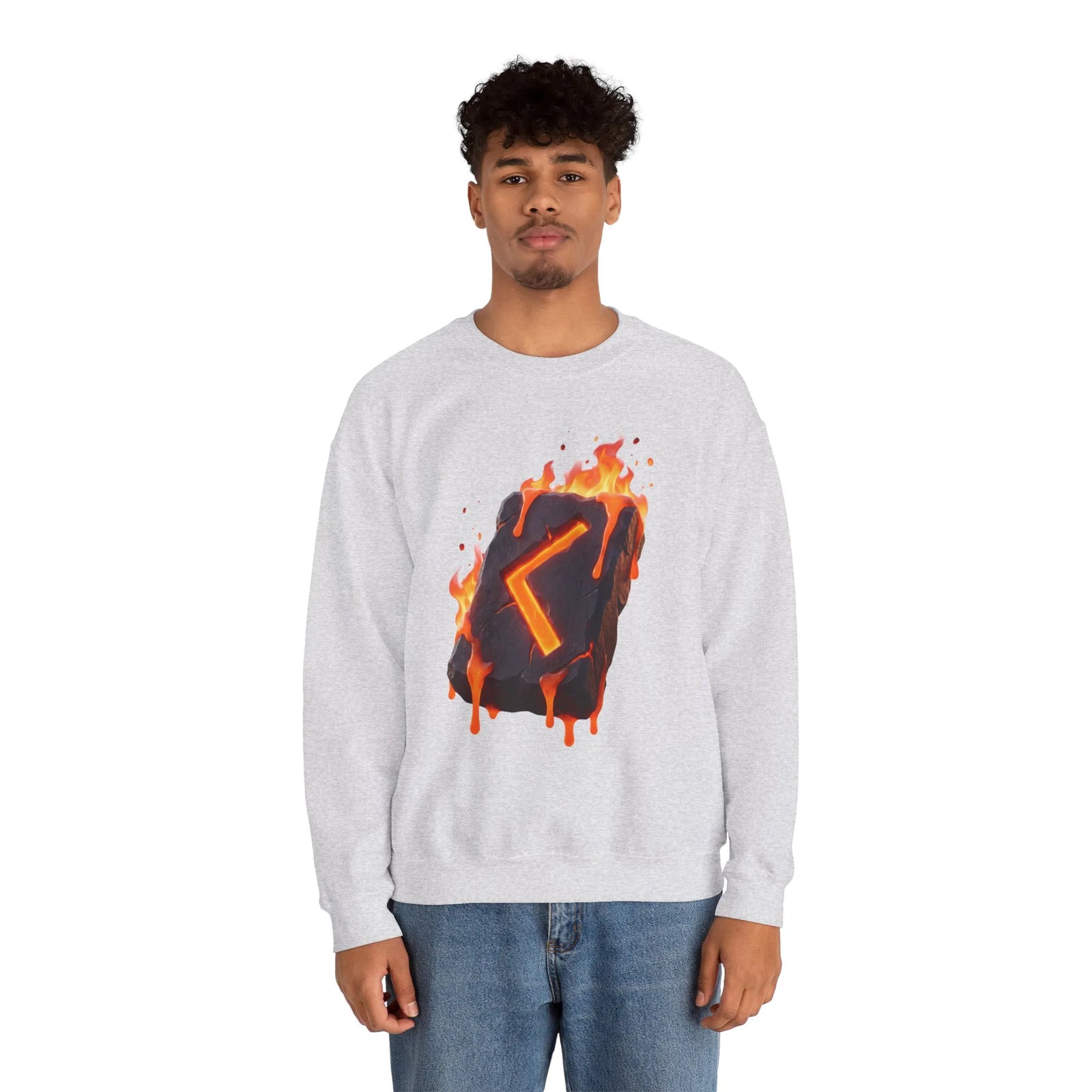 Kenaz Rune Fire Graphic Sweatshirt - Heavy Blend Fleece Crewneck - Unisex White