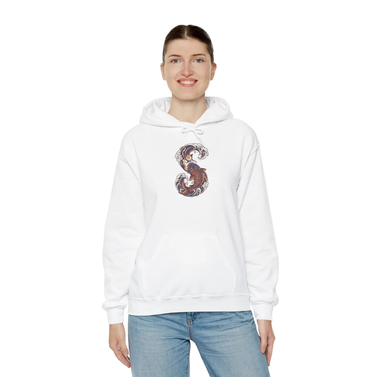 Ukiyo-e Samurai Cat Koi Rider Hoodie - Cozy Soft Blend Fleece Pullover - Unisex Off White