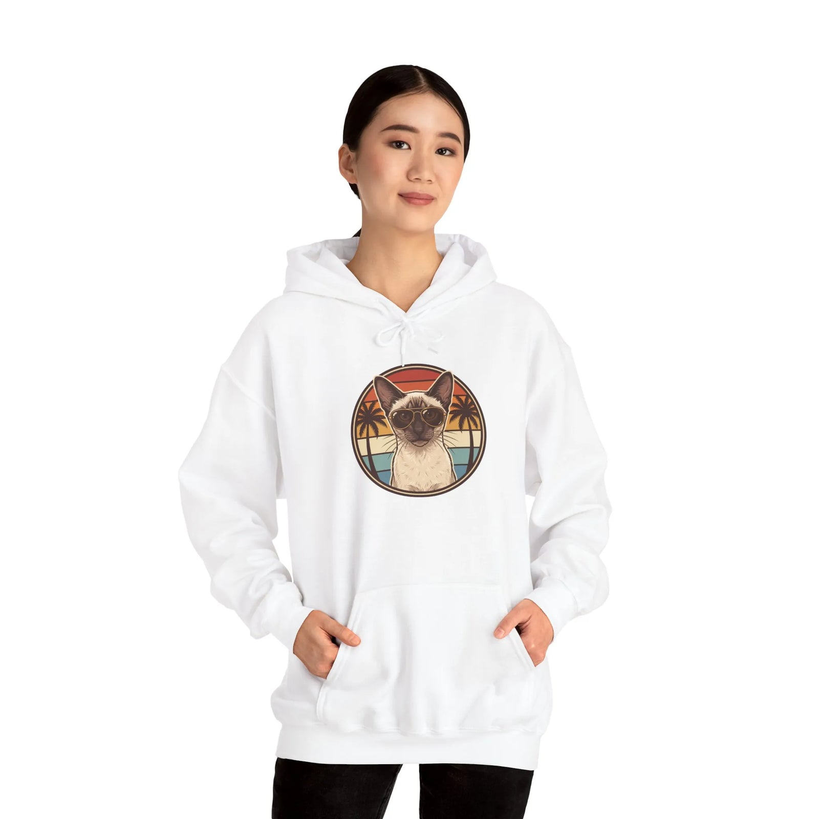 Siamese Cat Retro Sunset Aviator Hoodie - Heavy Blend Fleece Pullover - Unisex White