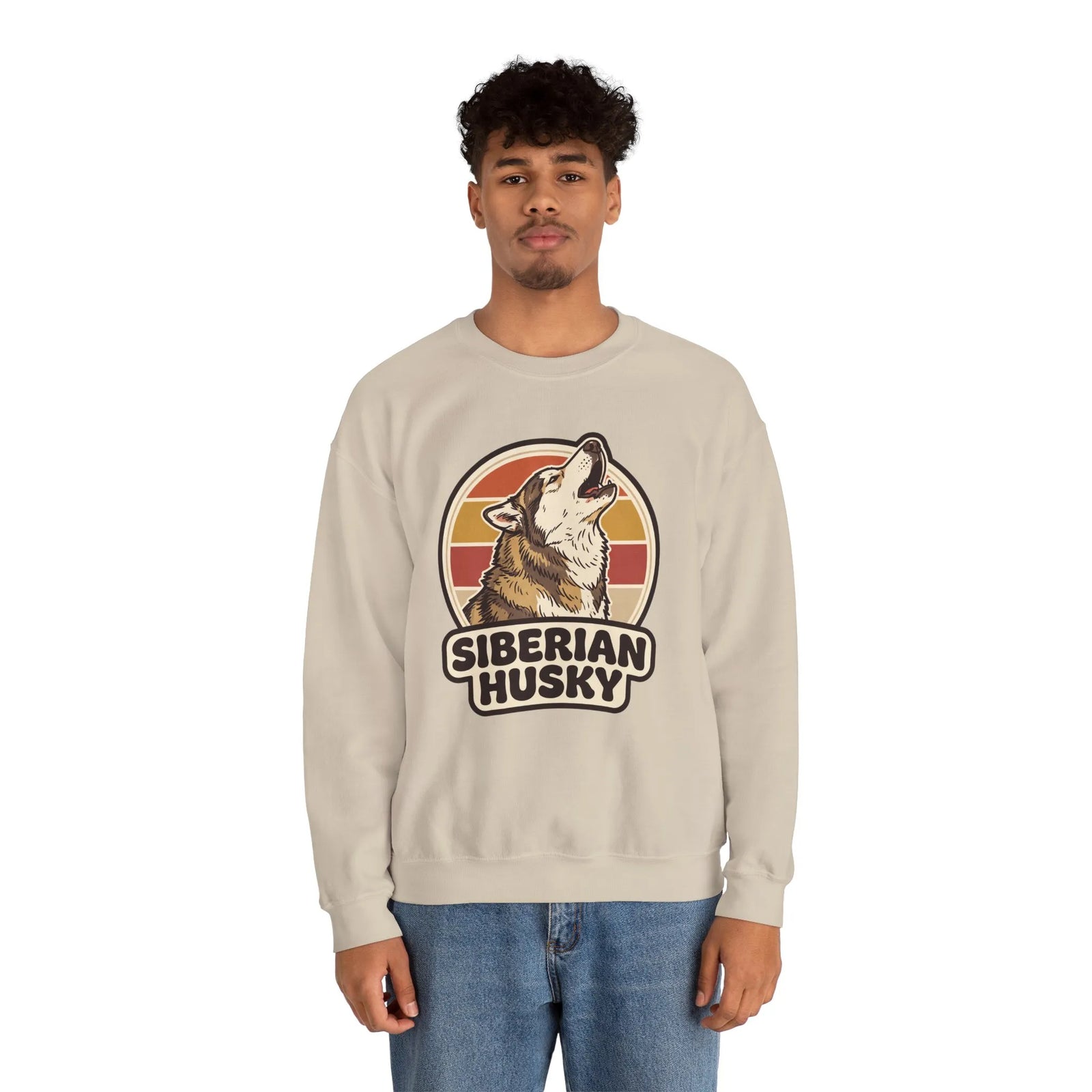 Siberian Husky Retro Sunset Sweatshirt - Heavy Blend Fleece Crewneck - Unisex White