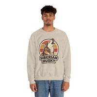 Siberian Husky Retro Sunset Sweatshirt - Heavy Blend Fleece Crewneck - Unisex White