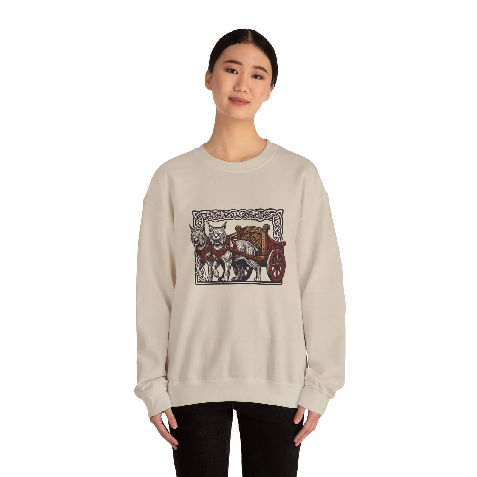 Freyja's Sacred Cats Norse Woodcut Sweatshirt - Heavy Blend Crewneck Fleece - Unisex White