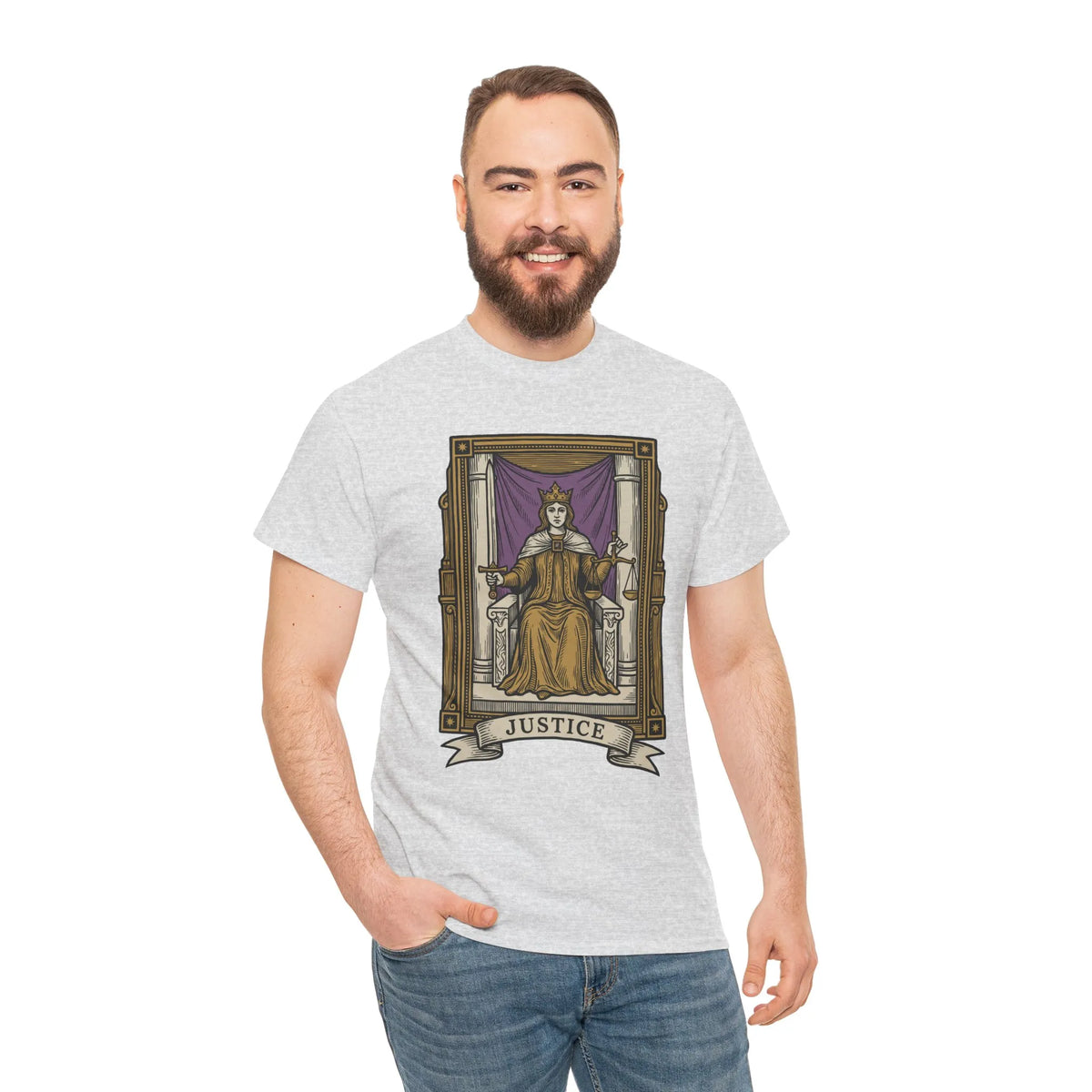Justice Tarot Card Graphic T-Shirt - Heavy Cotton Classic Fit Tee - Unisex White