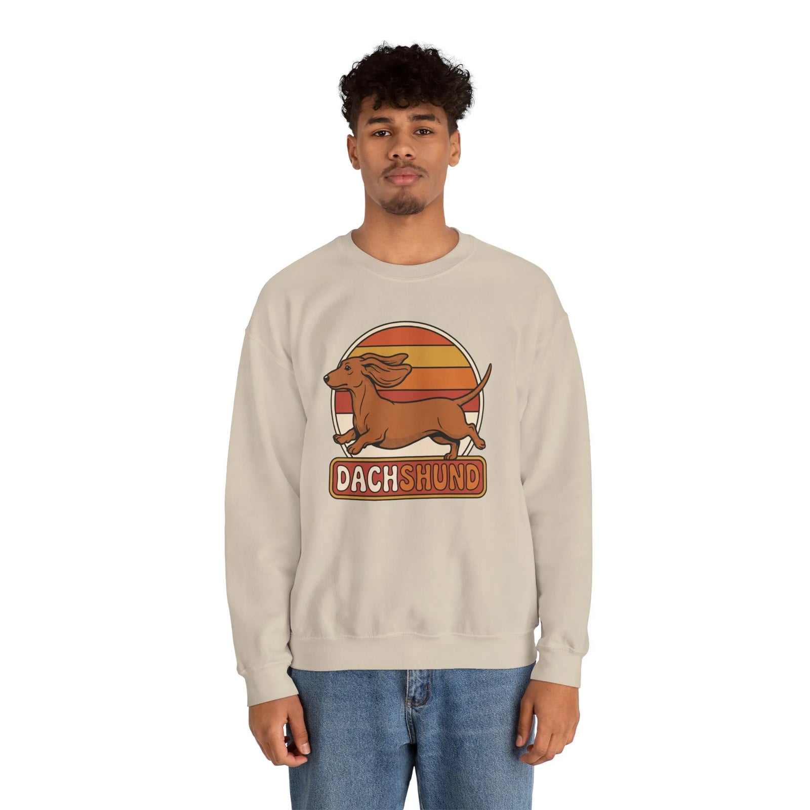 Retro 70s Sunset Dachshund Sweatshirt - Heavy Blend Cotton Blend Crewneck - Unisex White