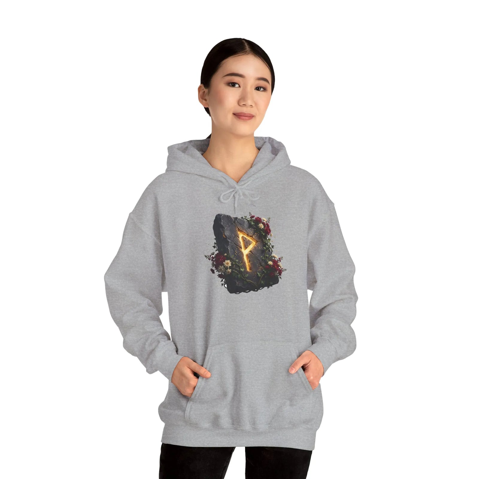 Wunjo Rune Floral Rock Graphic Hoodie - Warm Fleece Pullover Sweatshirt - Unisex White