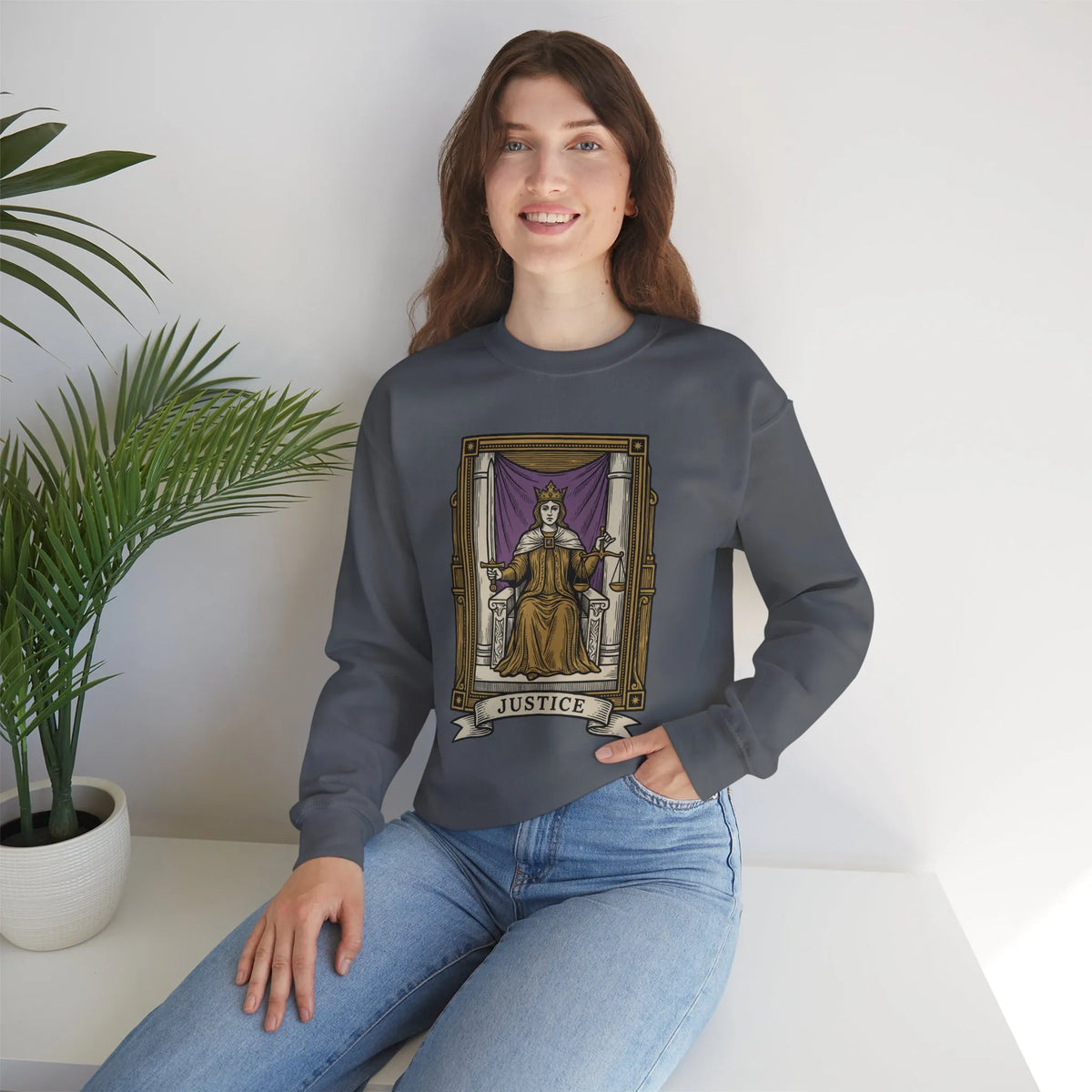 Justice Tarot Card Sweatshirt - Heavy Blend Cotton Poly Crewneck - Unisex White