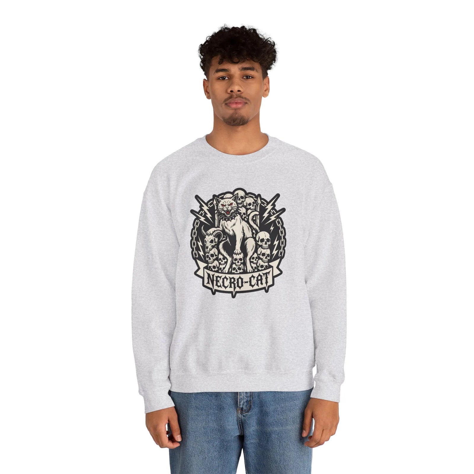Skull Throne Heavy Metal Cats Sweatshirt - Heavy Blend Fleece Crewneck - Unisex White