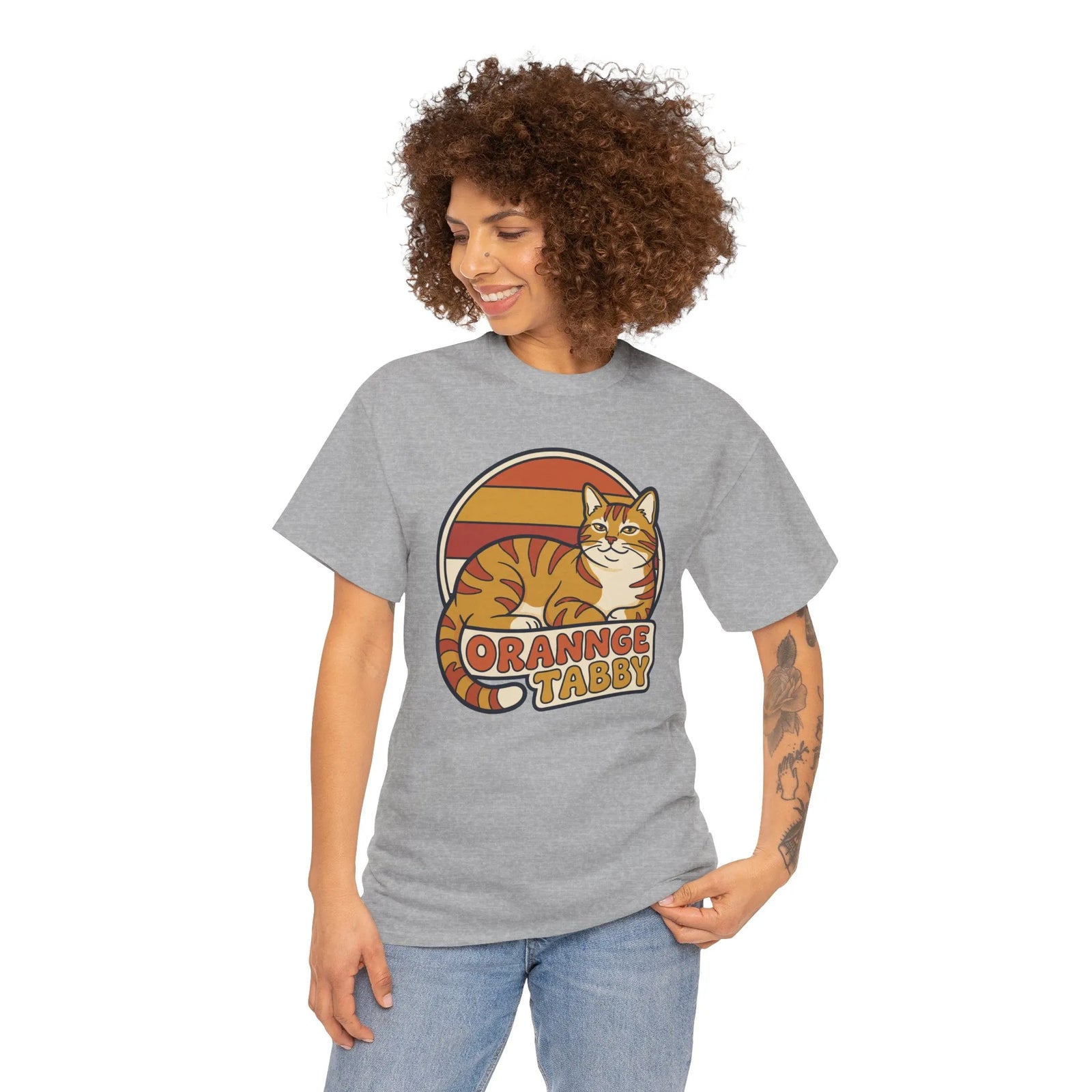 Retro 70s Sunset Orange Tabby T-Shirt - Heavyweight 100% Cotton Classic Fit - Unisex Off White