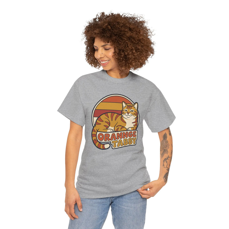 Retro 70s Sunset Orange Tabby T-Shirt - Heavyweight 100% Cotton Classic Fit - Unisex Off White