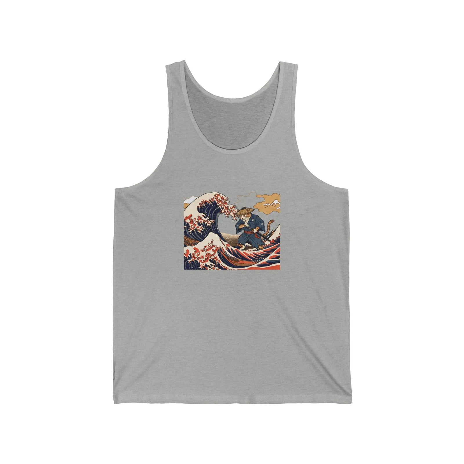 Ronin Wave Ukiyo-e Samurai Cat Tank Top - Lightweight Combed Cotton Jersey - Unisex White