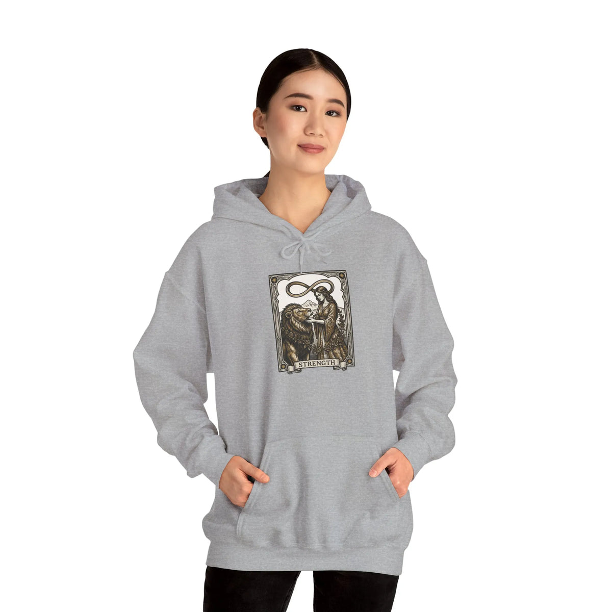 Strength Tarot Card Graphic Hoodie - Heavy Blend Fleece Pullover - Unisex White