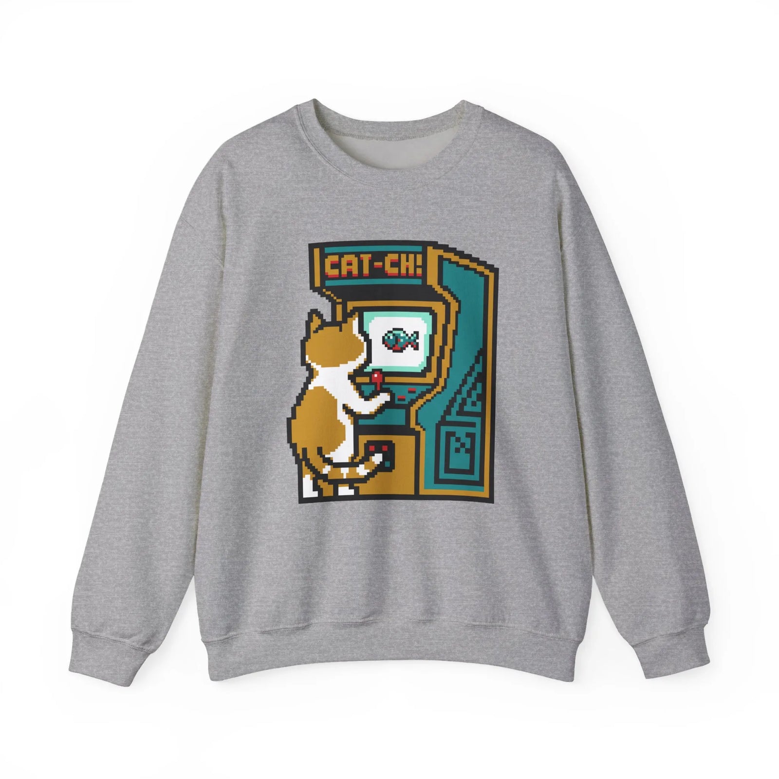 Arcade Night Pixel Gaming Cats Sweatshirt - Heavy Blend Fleece Crewneck - Unisex White