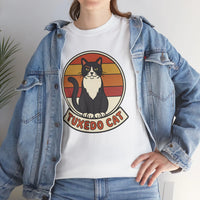 Tuxedo Cat Retro Sunset Graphic T-Shirt - Heavy Cotton Classic Fit Tee - Unisex White