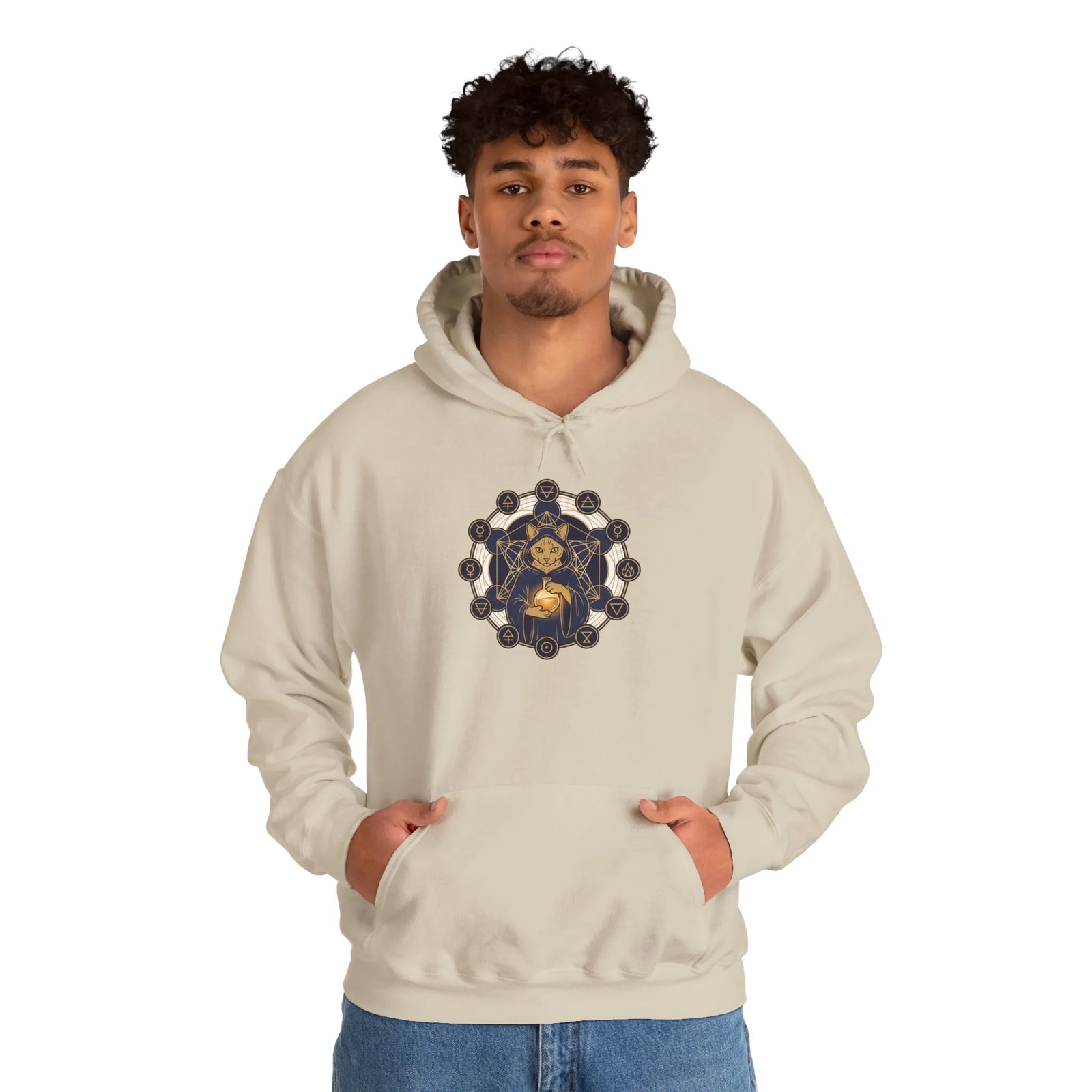 Alchemist Cat Sacred Geometry Hoodie - Soft Heavy Blend Pullover - Unisex White