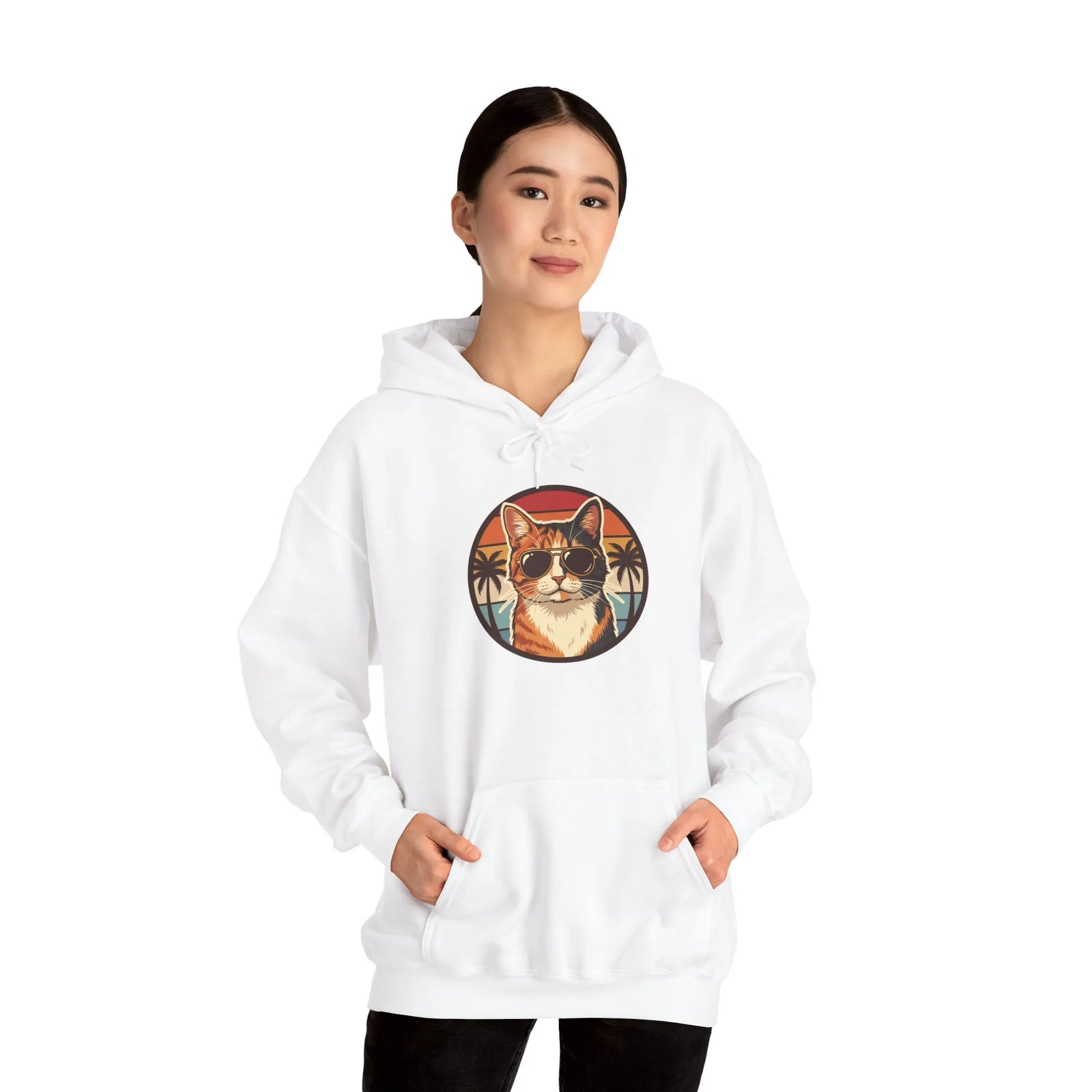 Calico Cat Aviator Sunglasses Hoodie - Heavy Blend Fleece Pullover - Unisex White