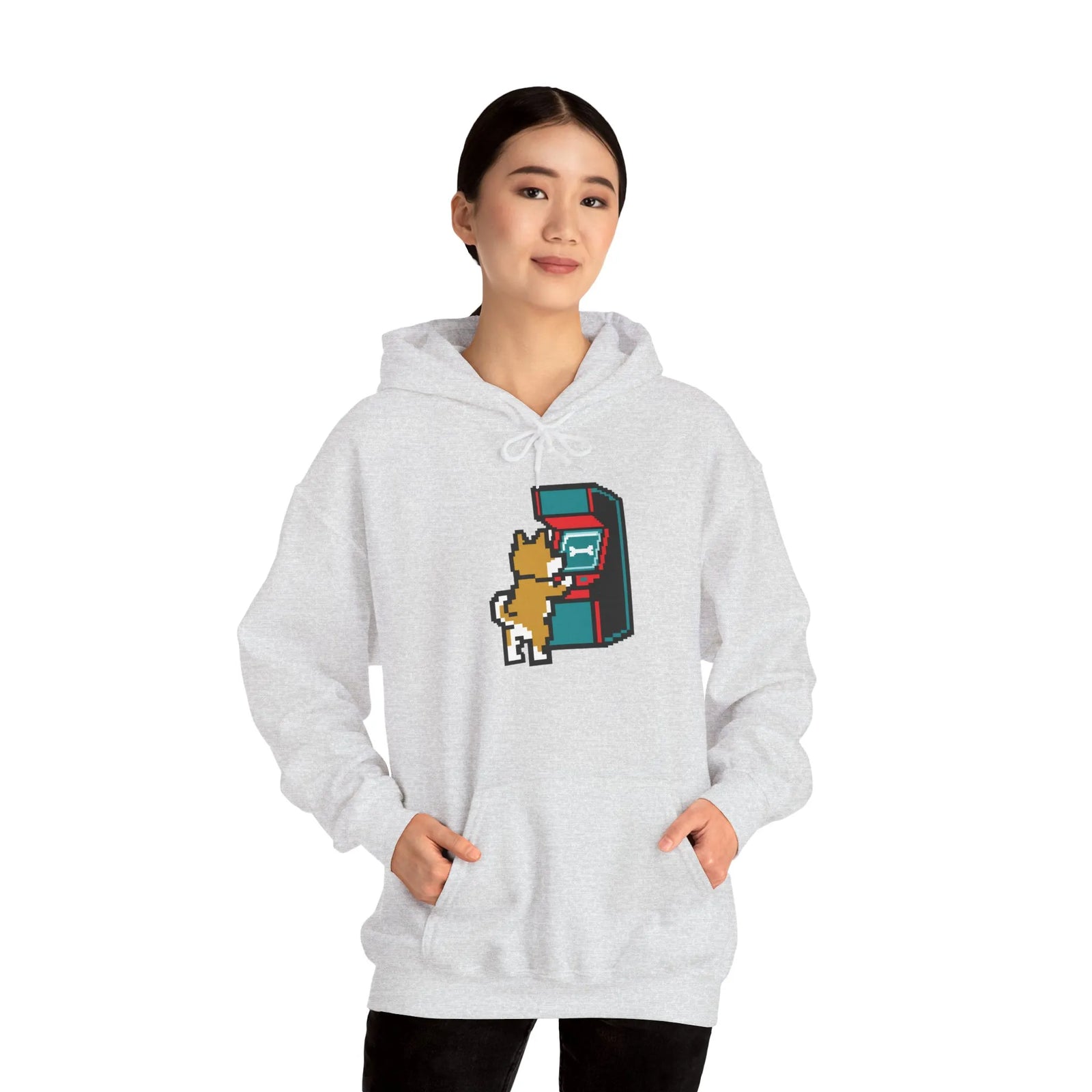 8-Bit Pixel Gaming Dogs Hoodie - Soft Cotton Blend Pullover Fleece - Unisex White