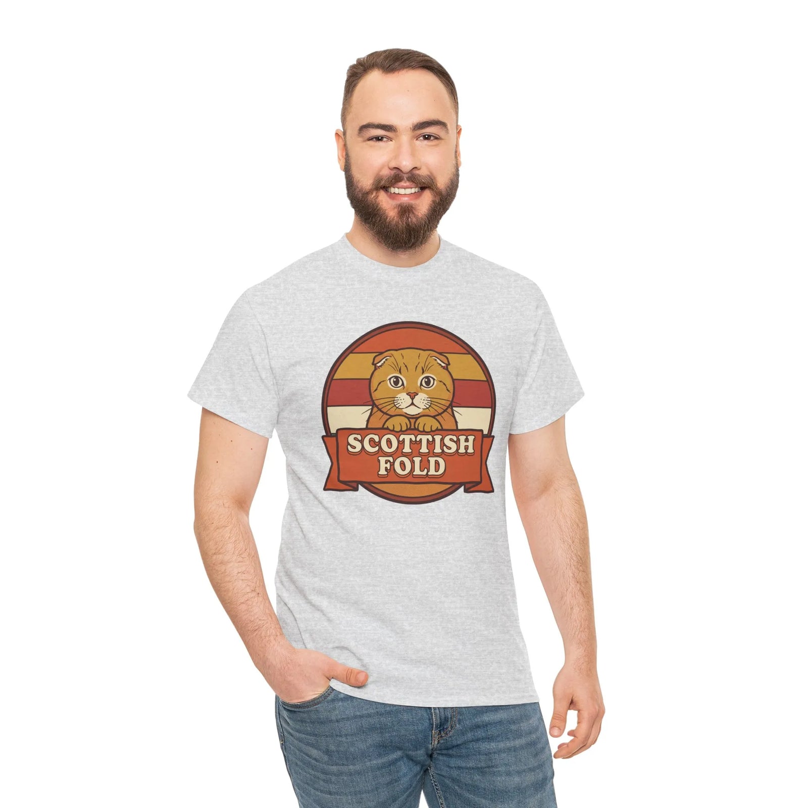 Scottish Fold Retro Sunset T-Shirt - Heavyweight Cotton Classic Fit - Unisex White