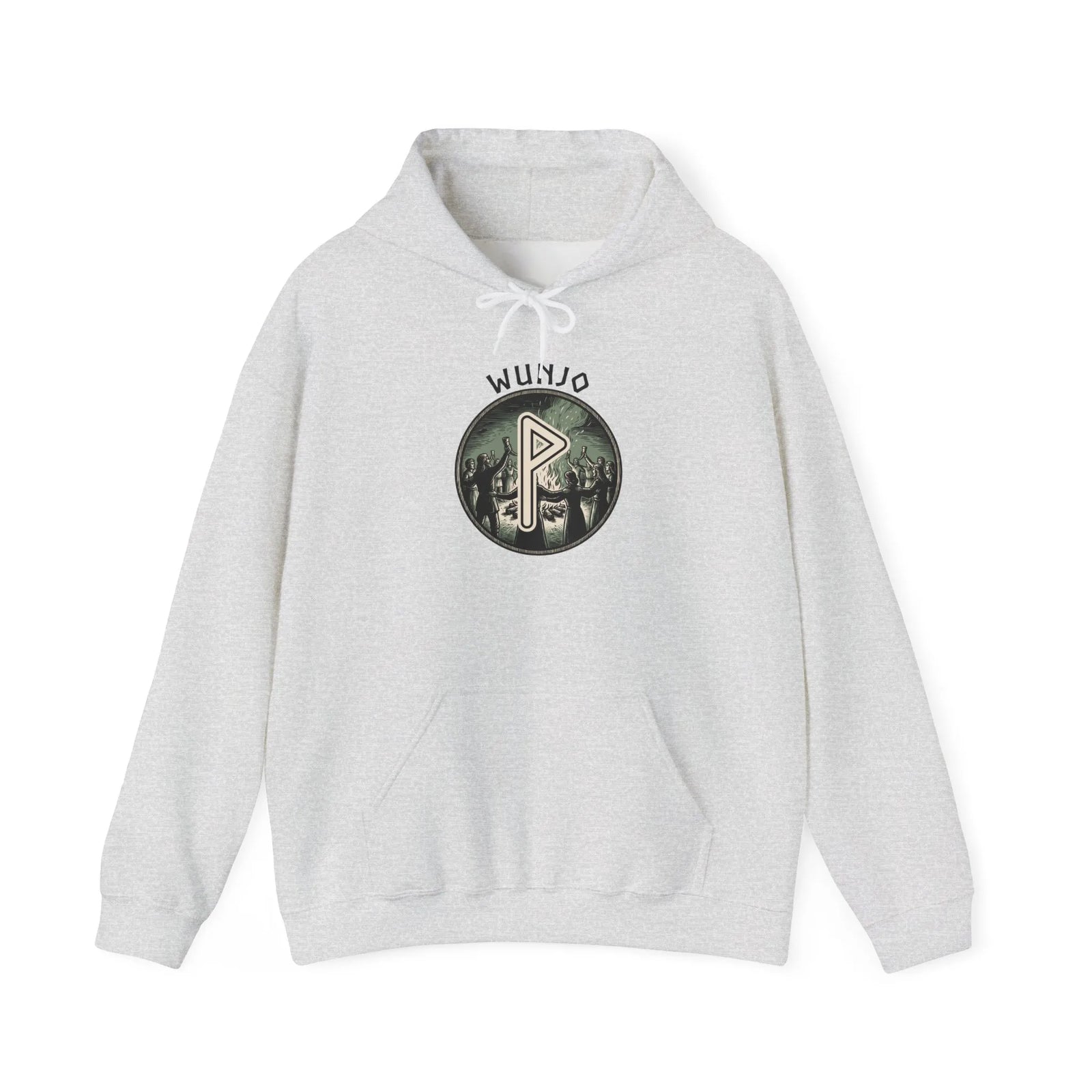 Wunjo Rune Norse Joy Circle Hoodie - Heavy Blend Fleece Pullover - Unisex White