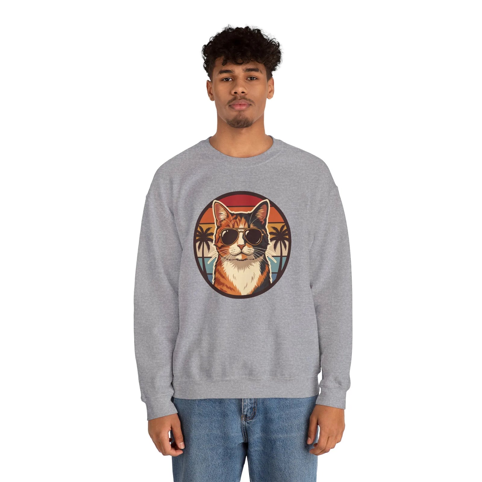 Calico Cool Cats 70s Sunset Aviators Sweatshirt - Medium Heavyweight Fleece Crewneck - Unisex White