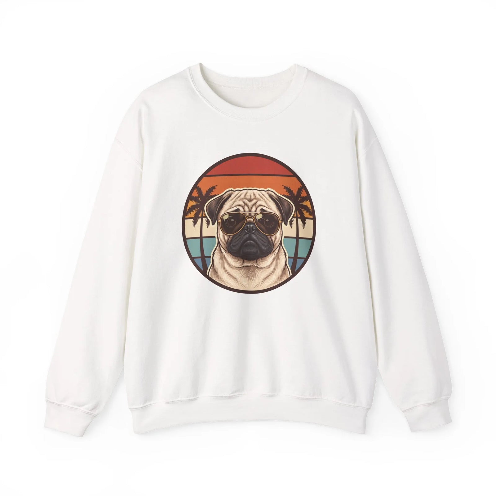 Pug Aviator Dog 70s Sunset Sweatshirt - Heavy Blend Fleece Crewneck - Unisex White