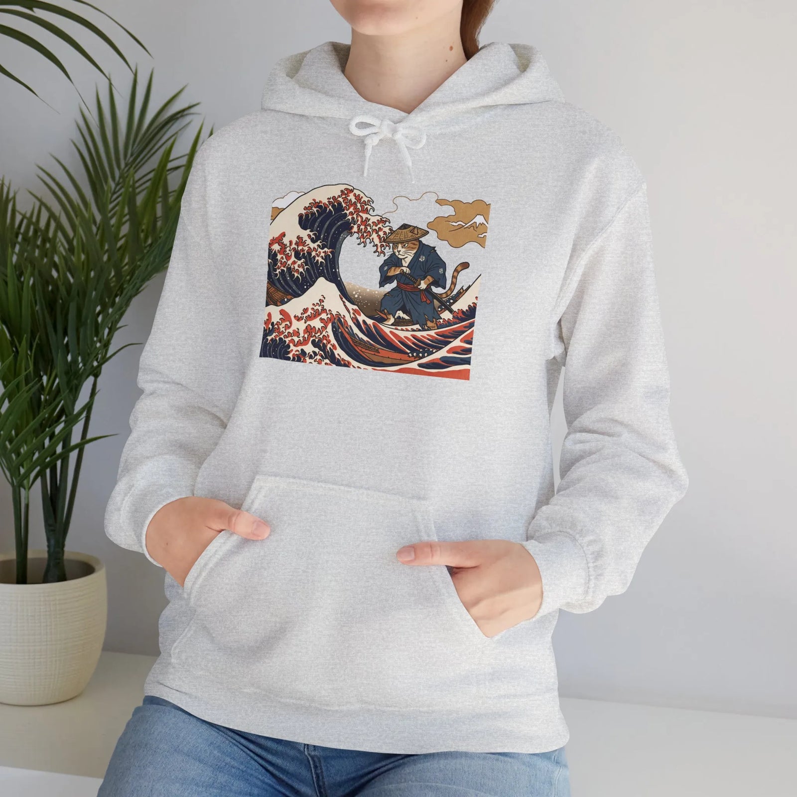 Ronin Wave Samurai Cat Ukiyo-e Hoodie - Heavy Blend Fleece Pullover - Unisex White