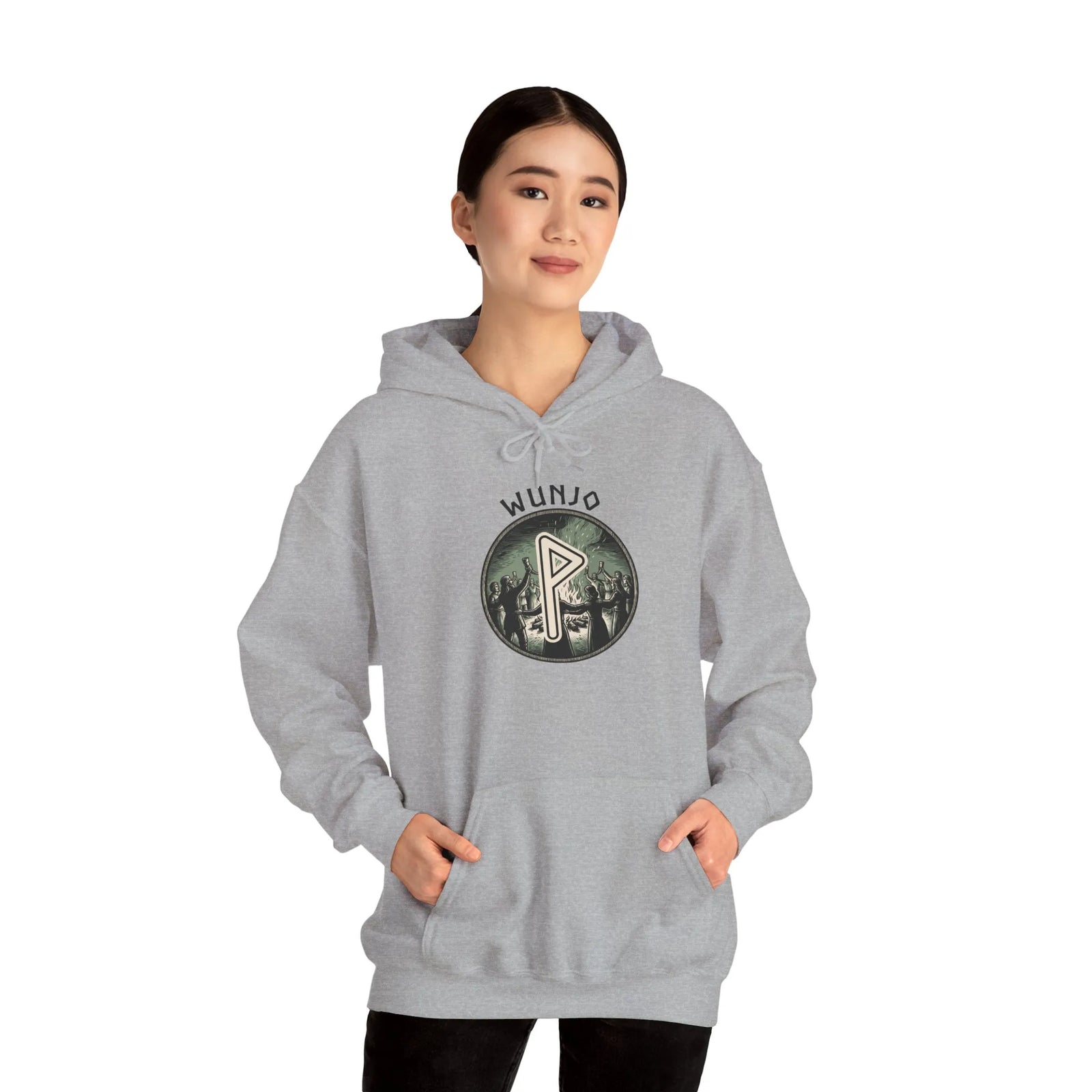 Wunjo Rune Norse Joy Circle Hoodie - Heavy Blend Fleece Pullover - Unisex White