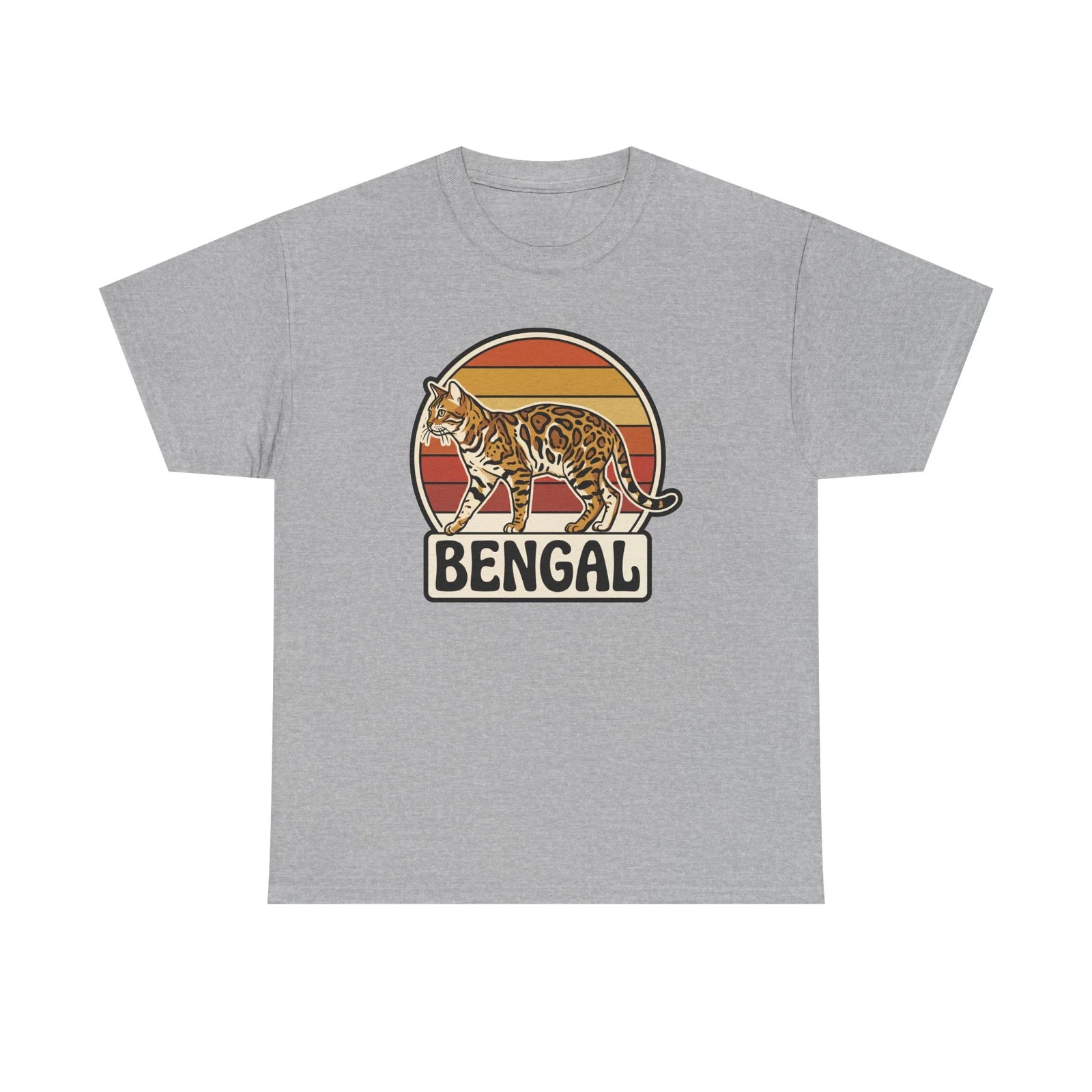 Bengal Cat Retro Sunset T-Shirt - Heavy Cotton Classic Fit Tee - Unisex White