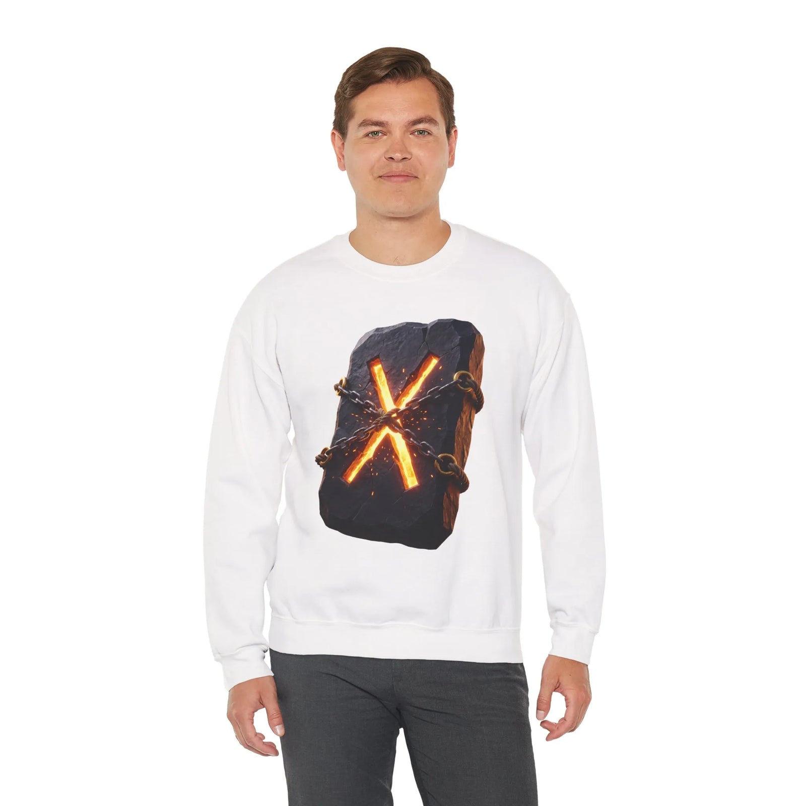 Gebo Rune Stone Graphic Sweatshirt - Medium Heavy Fleece Crewneck - Unisex White