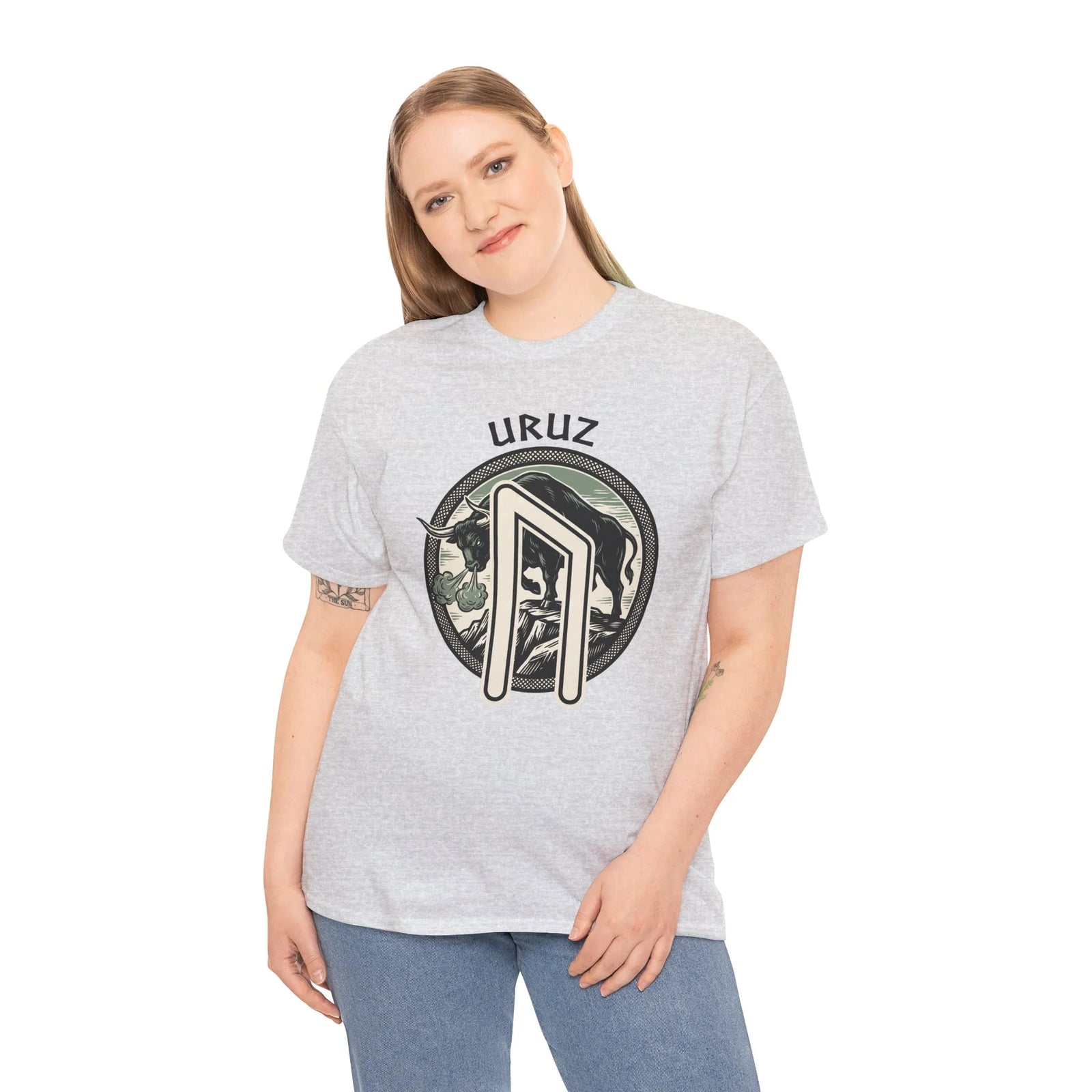 Uruz Runic Bull Graphic T-Shirt - Heavyweight Cotton Classic Fit Tee - Unisex White