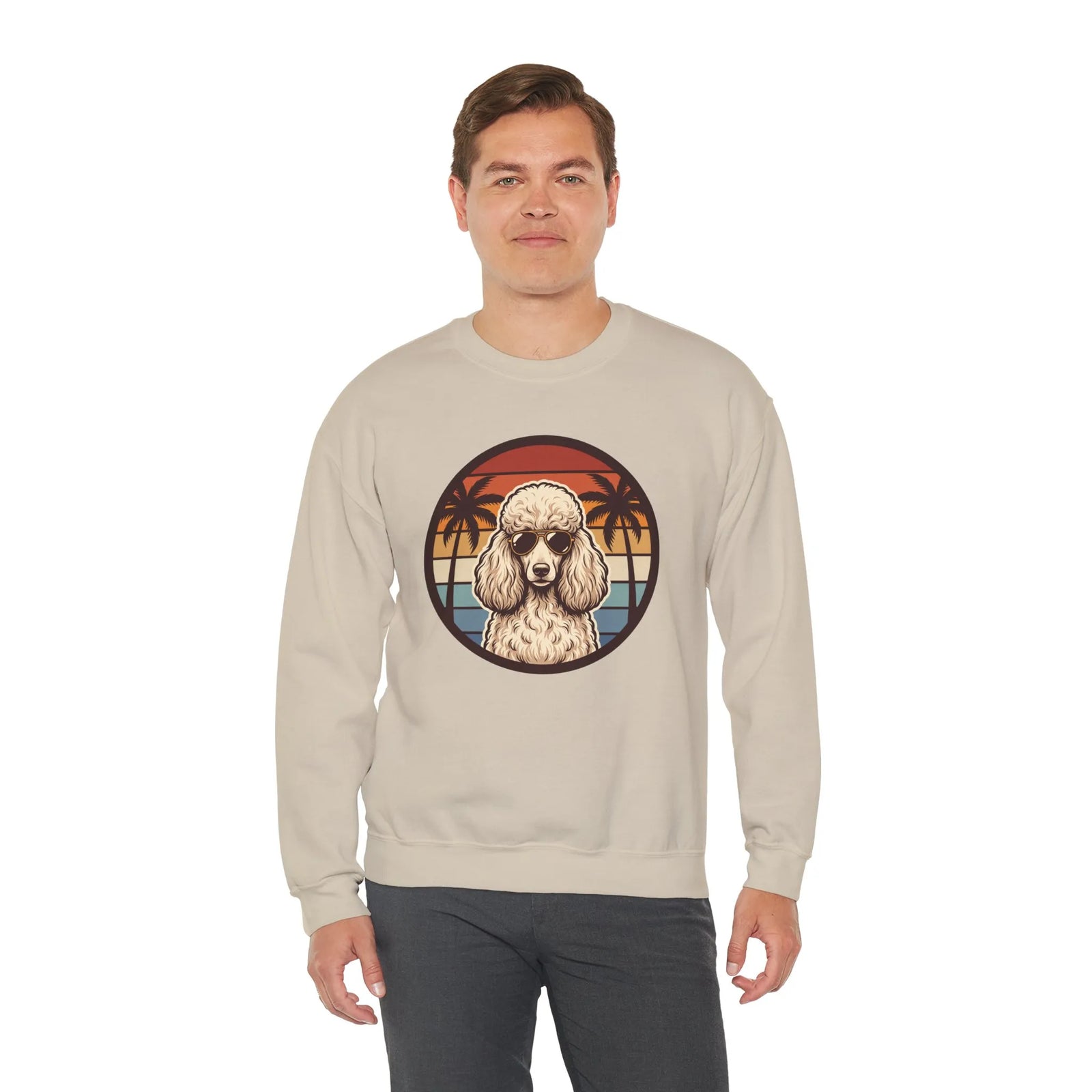 70s Sunset Poodle Aviators Graphic Sweatshirt - Heavy Blend Cotton-Poly Crewneck - Unisex White