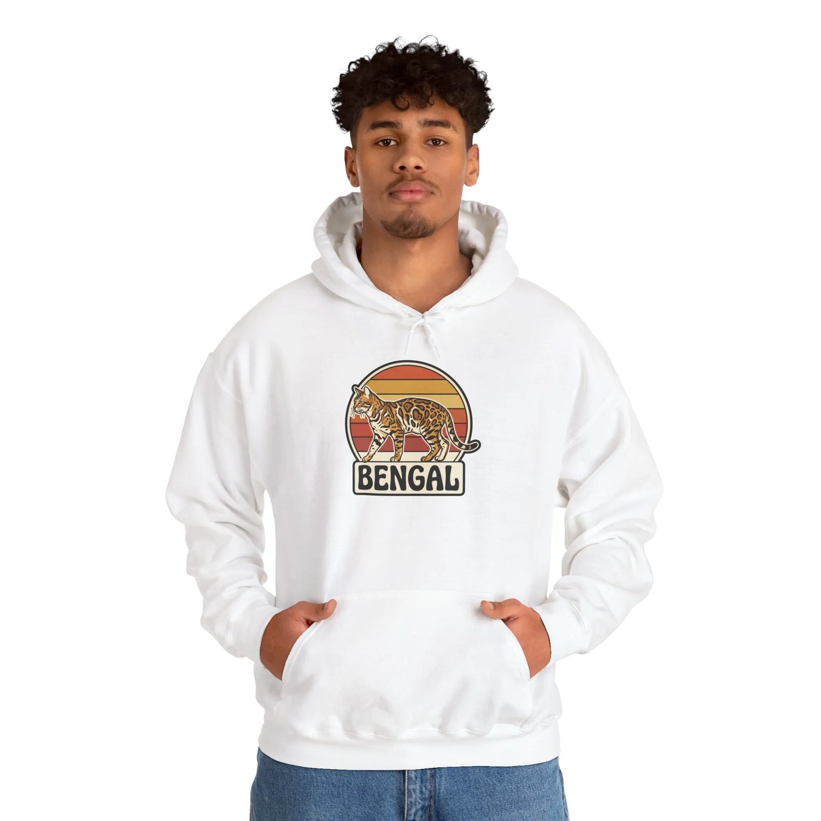 Retro 70s Sunset Bengal Cat Hoodie - Cozy Fleece Blend Pullover - Unisex Ash