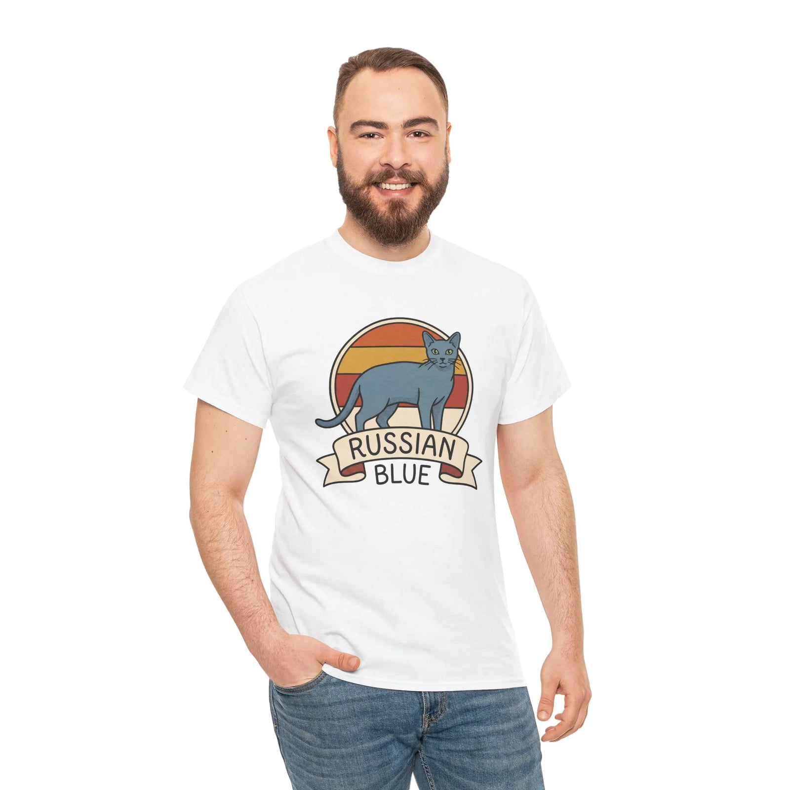 Russian Blue Retro 70s Sunset T-Shirt - Heavy Cotton Classic Fit Tee - Unisex White