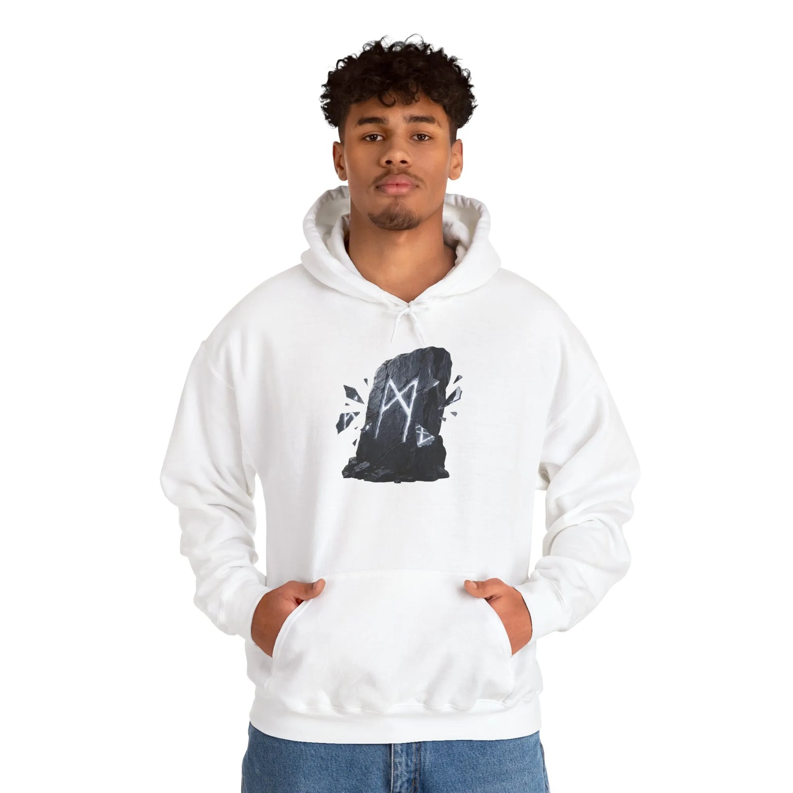 Mannaz Rune Humanity Reflection Hoodie - Heavyweight Fleece Pullover - Unisex White