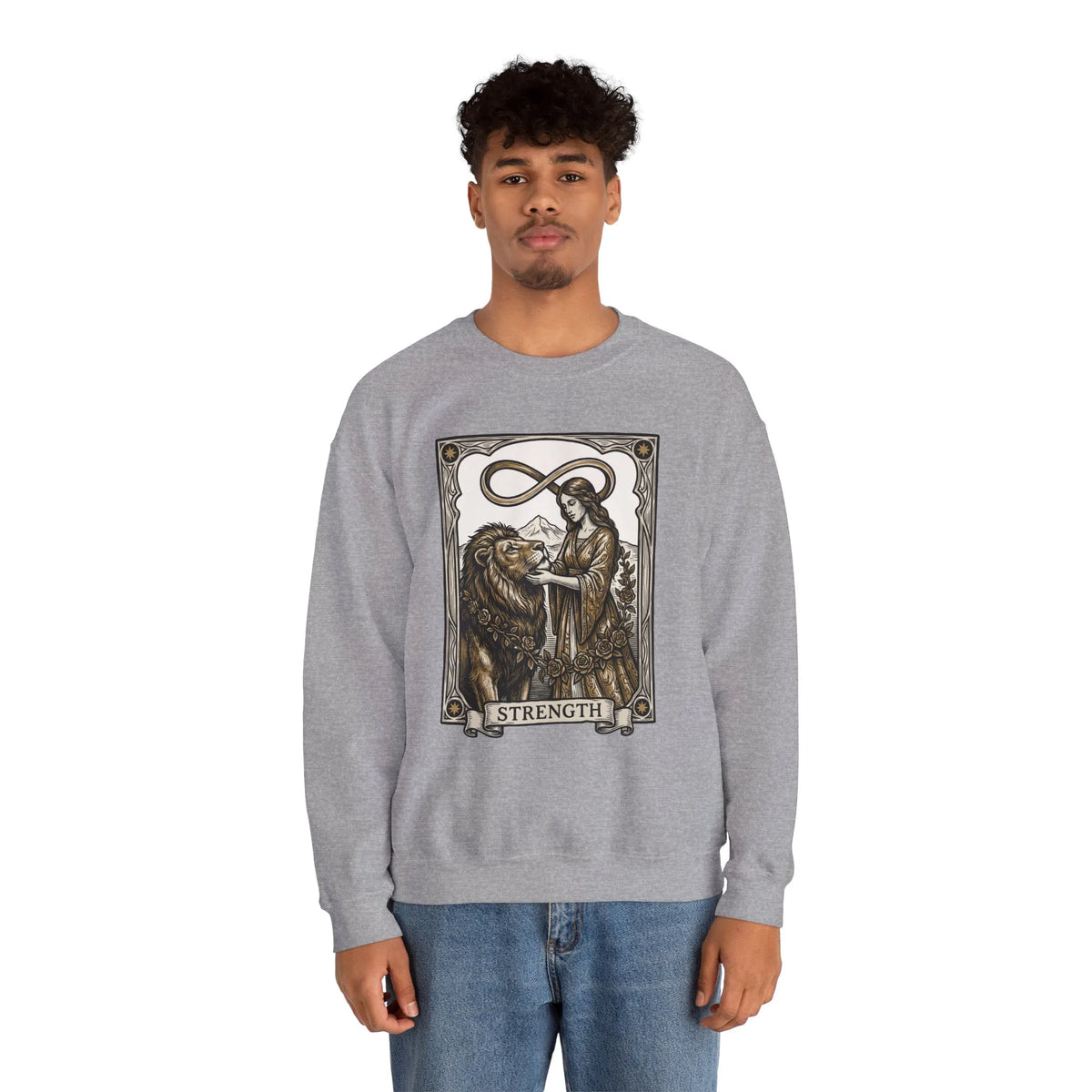 Strength Tarot Card Sweatshirt - Heavy Blend Crewneck Fleece - Unisex White