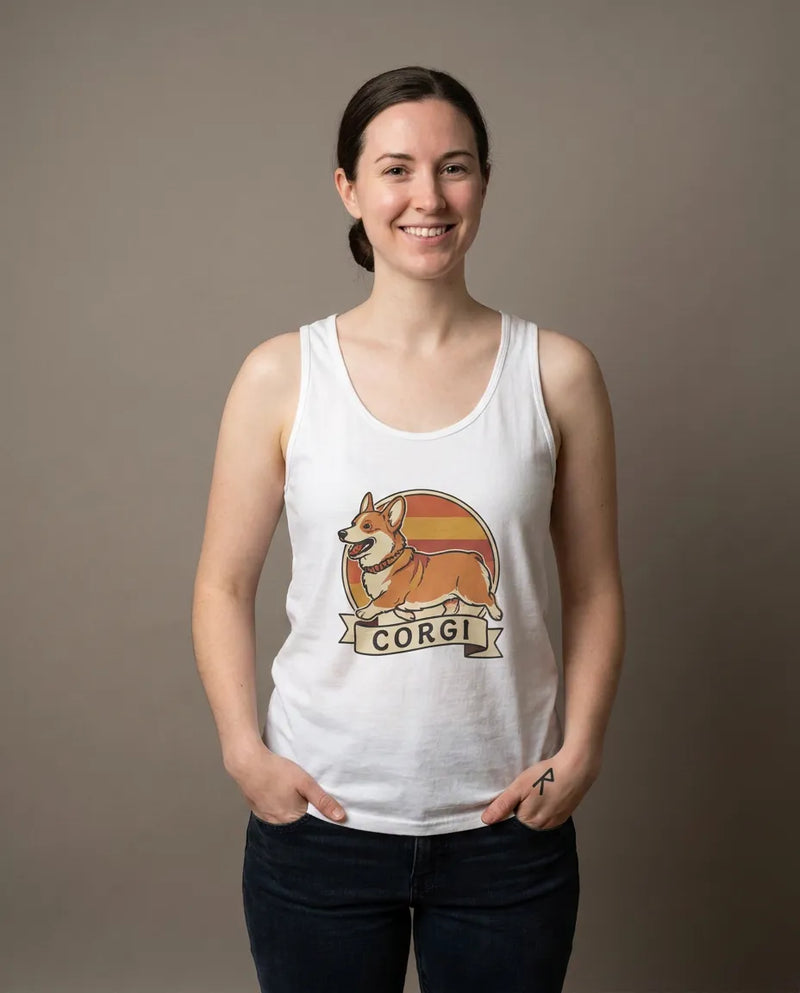 Corgi Retro 70s Sunset Tank Top - Lightweight Jersey Retail Fit - Unisex White
