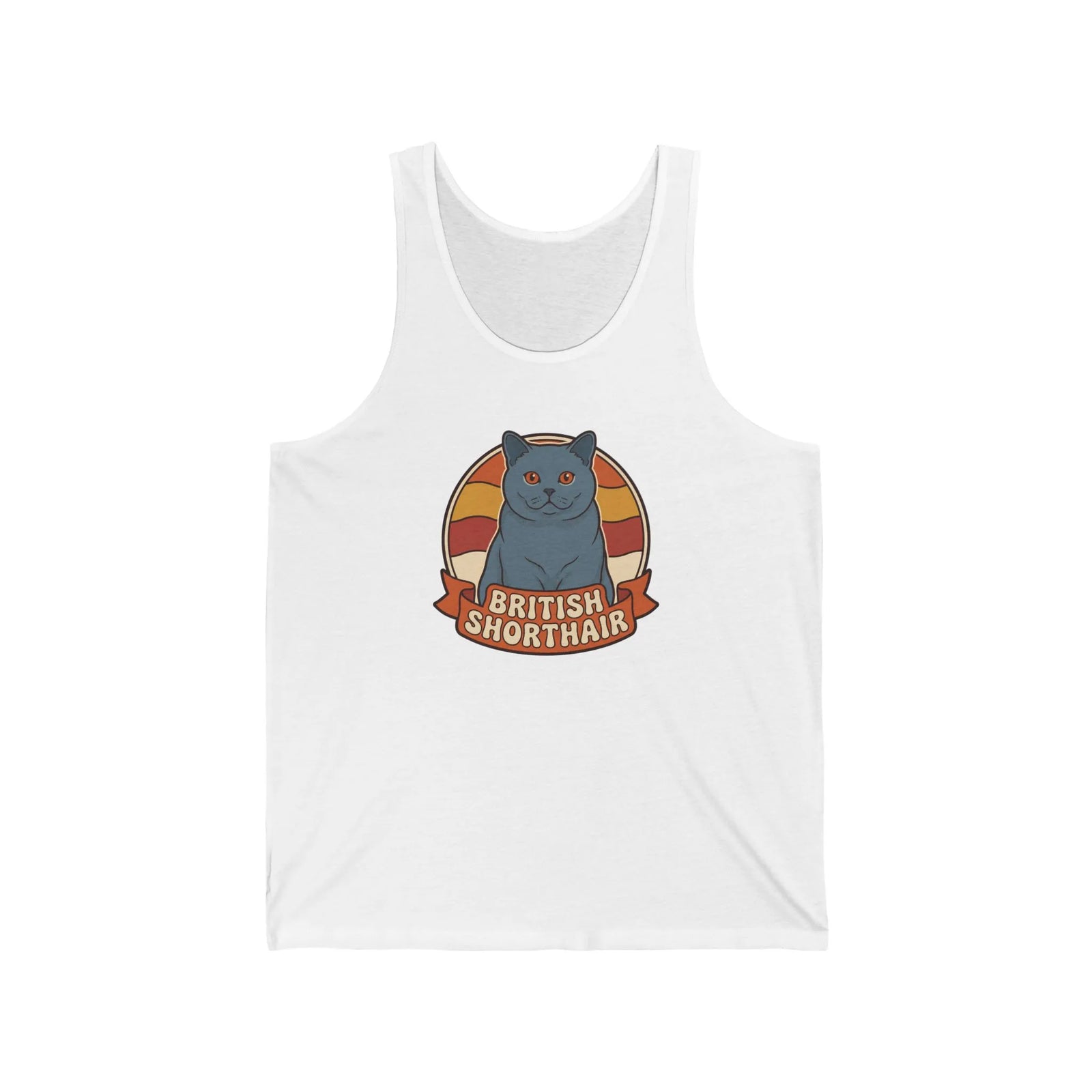 British Shorthair Retro Sunset Tank Top - Soft Lightweight Cotton Jersey - Unisex White