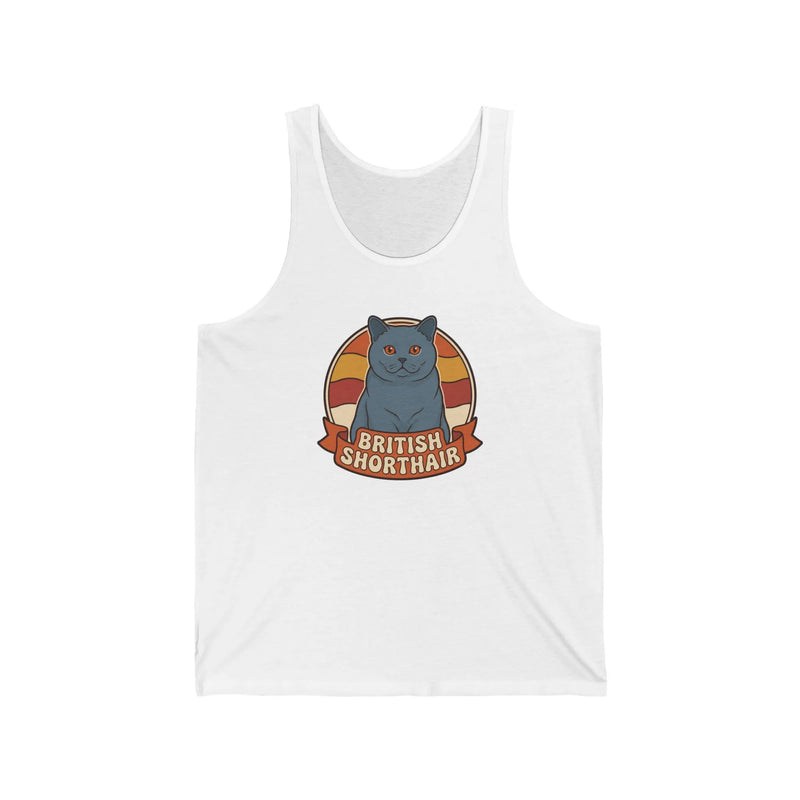 British Shorthair Retro Sunset Tank Top - Soft Lightweight Cotton Jersey - Unisex White