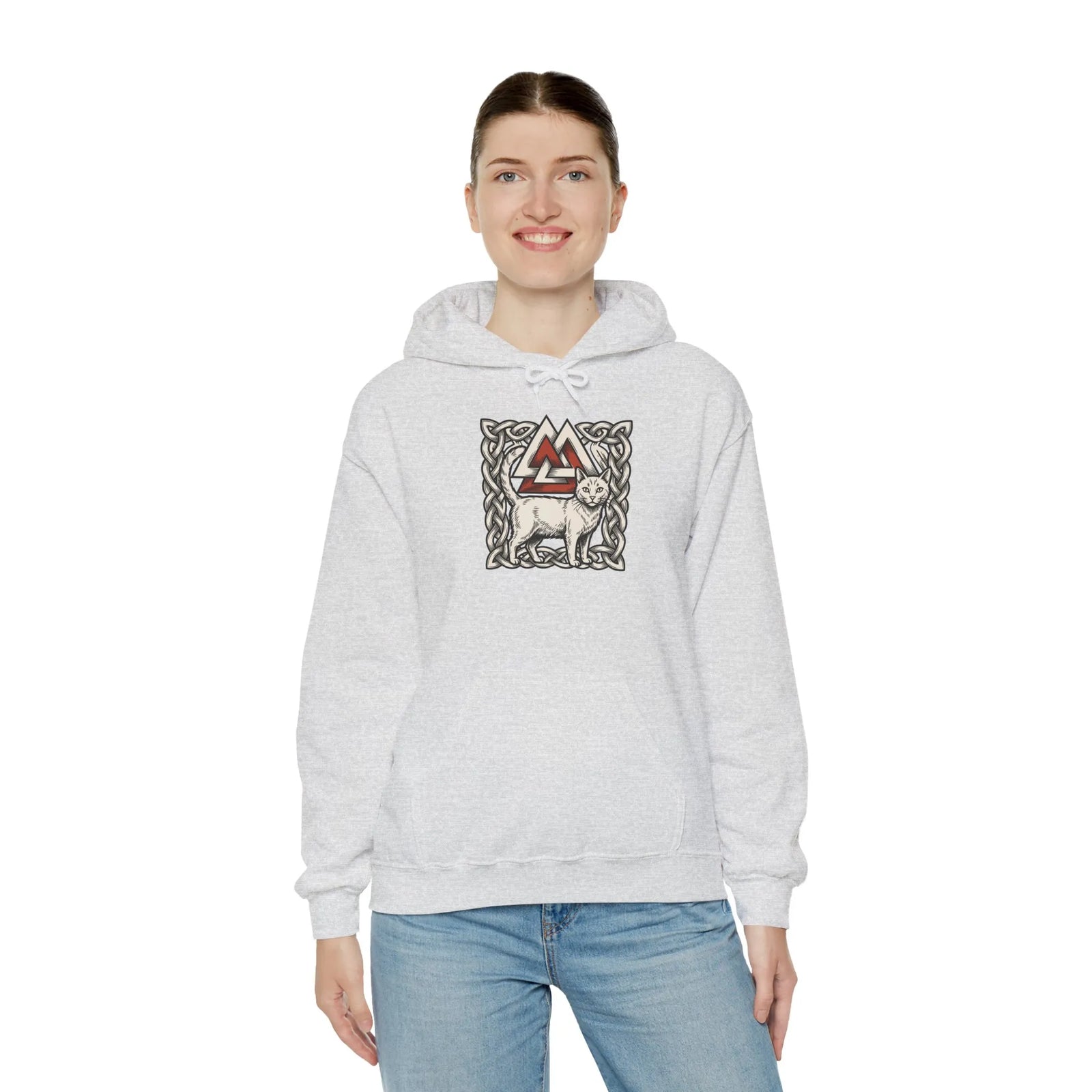 Valknut Cat Freyja's Sacred Cats Hoodie - Medium Weight Cotton Blend Pullover - Unisex White