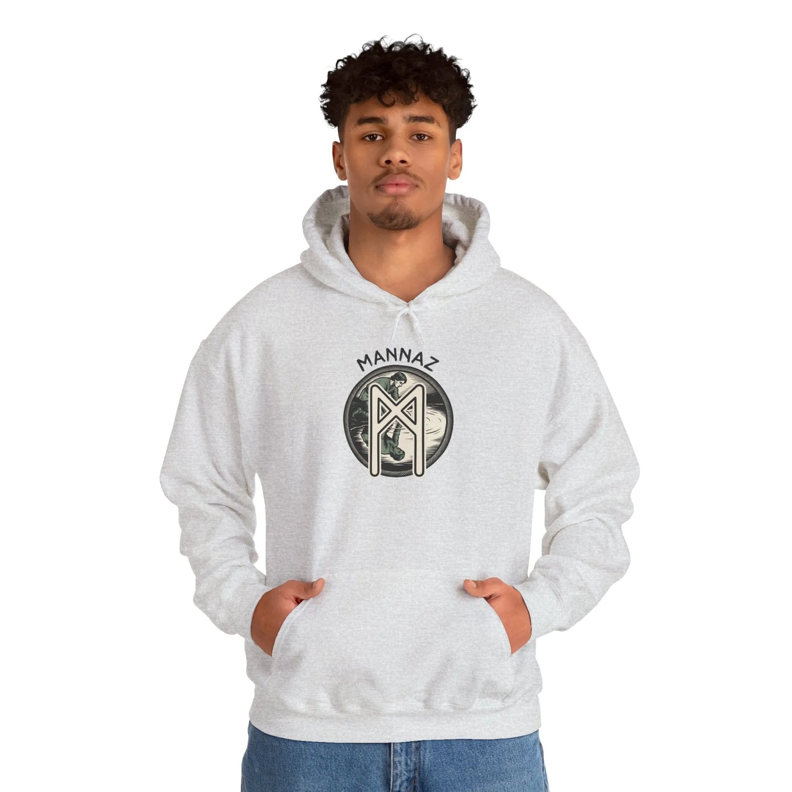 Mannaz Rune Symbol Graphic Hoodie - Heavy Blend Fleece Pullover - Unisex White
