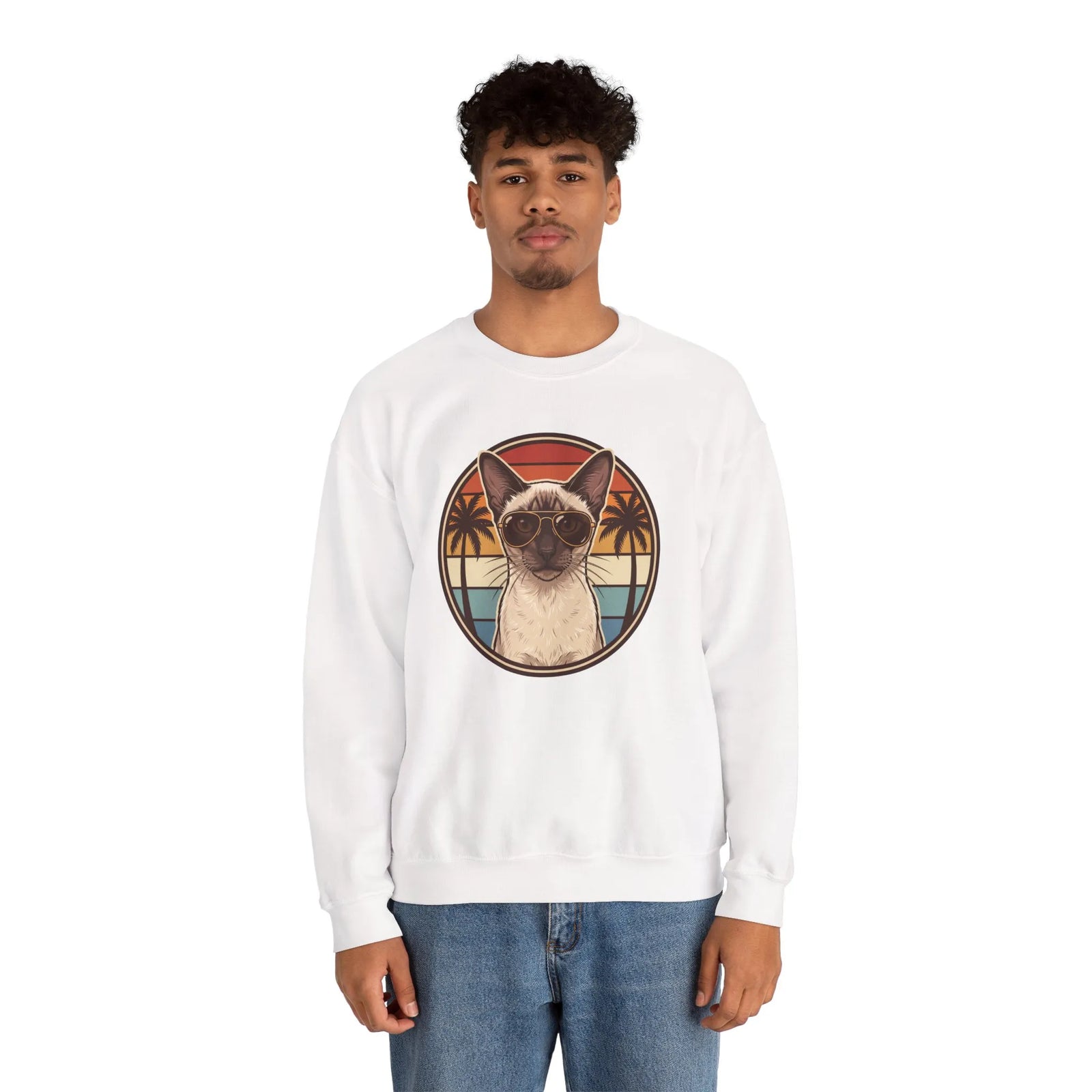Siamese Cat 70s Sunset Aviator Sweatshirt - Heavy Blend Cotton Blend Crewneck - Unisex White