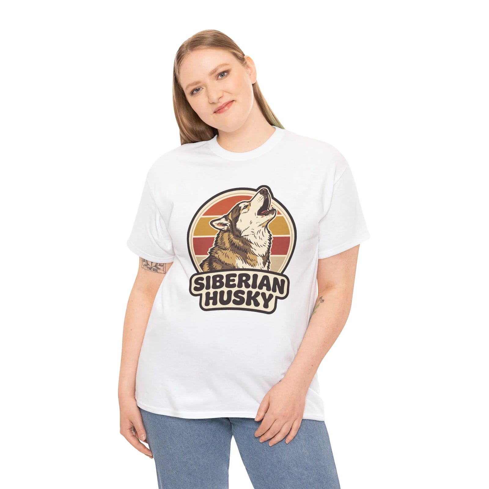 Siberian Husky Retro Sunset T-Shirt - Heavy Cotton Classic Fit Tee - Unisex White