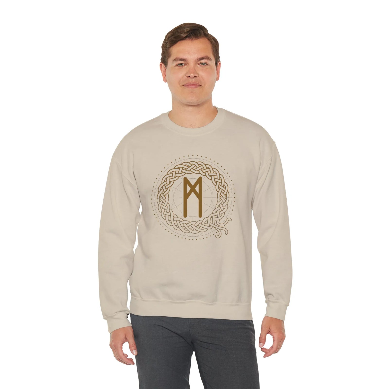 Mannaz Rune Celtic Knot Sweatshirt - Classic Fit Heavy Blend Crewneck - Unisex White