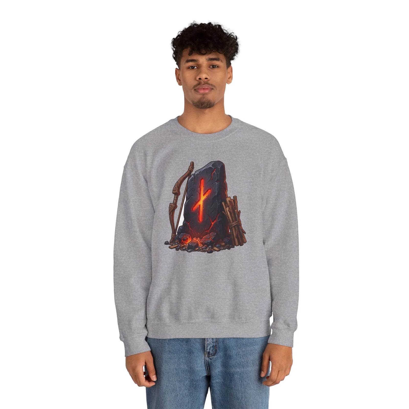 Nauthiz Rune Need-Fire Graphic Sweatshirt - Heavy Blend Crewneck Fleece - Unisex White